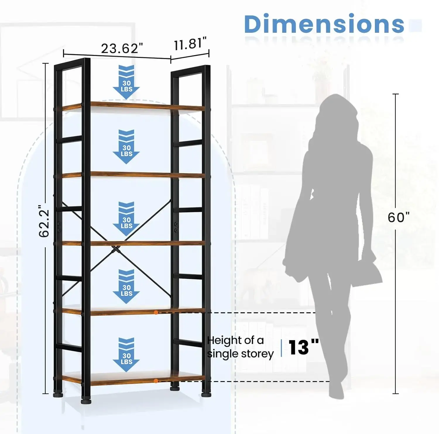 5 Tiers Bookshelf, Classical Modern Book Shelf, Tall Display Shelves in Living Room/Home/Office