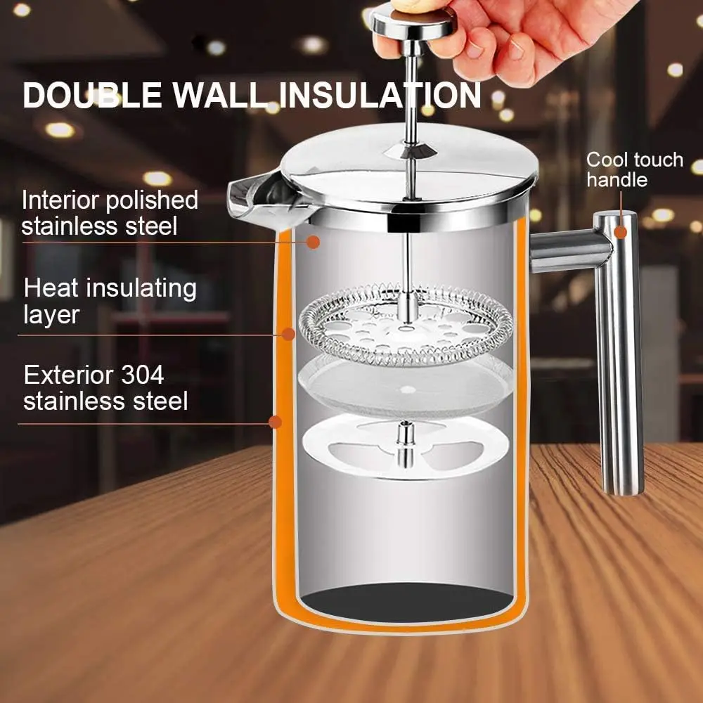 French Press Coffee Maker, 304 Grade Stainless Steel Insulated Coffee Press with 2 Extra Screens, 50oz (1.5 Litre), Silver