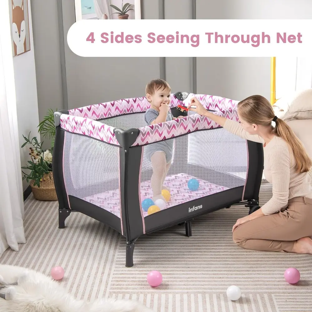 4 in 1 Pack and Play, Portable Travel Baby Playard with Bassinet, Changing Table, Canopy, Mosquito Net, Hanging Toys, Music Box