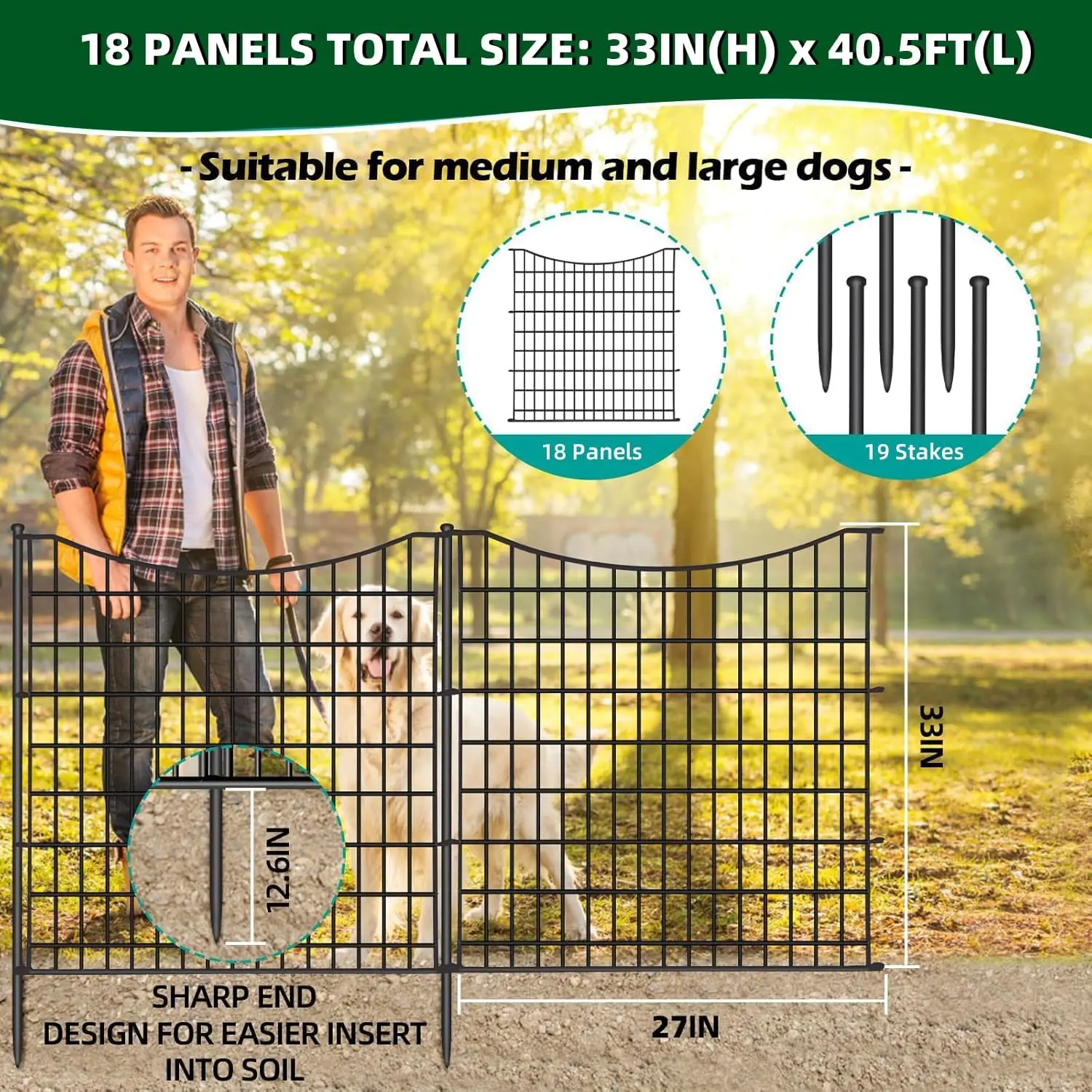 18 Panels No Dig Decorative Fence with Gate, 33 in(H) X 40.5 ft(L) Tall Garden Fence Animal Barrier, Rustproof Metal Wire Edging