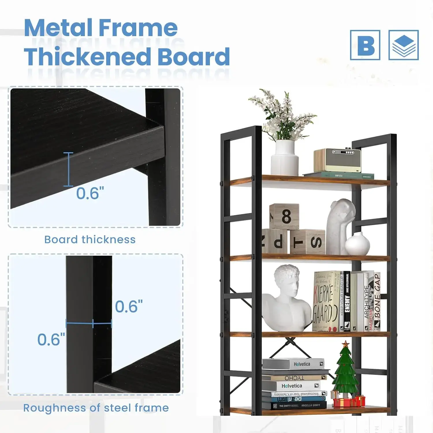 5 Tiers Bookshelf, Classical Modern Book Shelf, Tall Display Shelves in Living Room/Home/Office