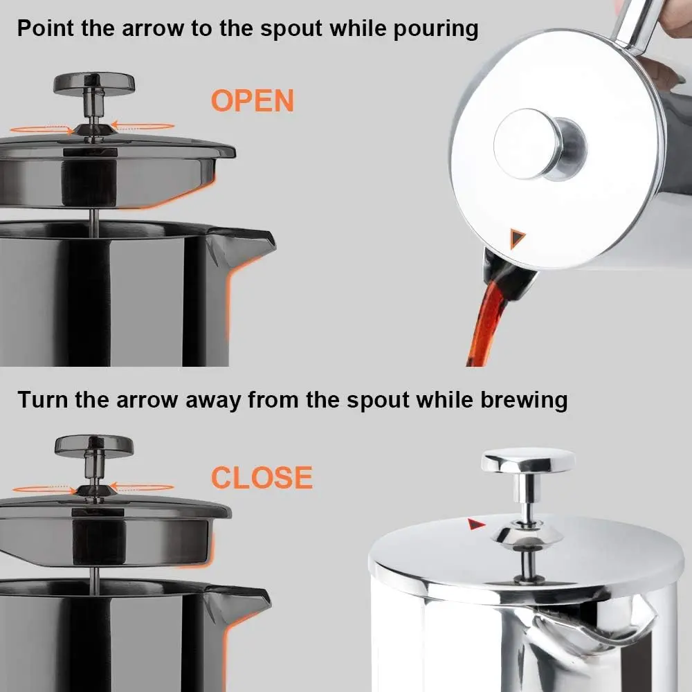 French Press Coffee Maker, 304 Grade Stainless Steel Insulated Coffee Press with 2 Extra Screens, 50oz (1.5 Litre), Silver