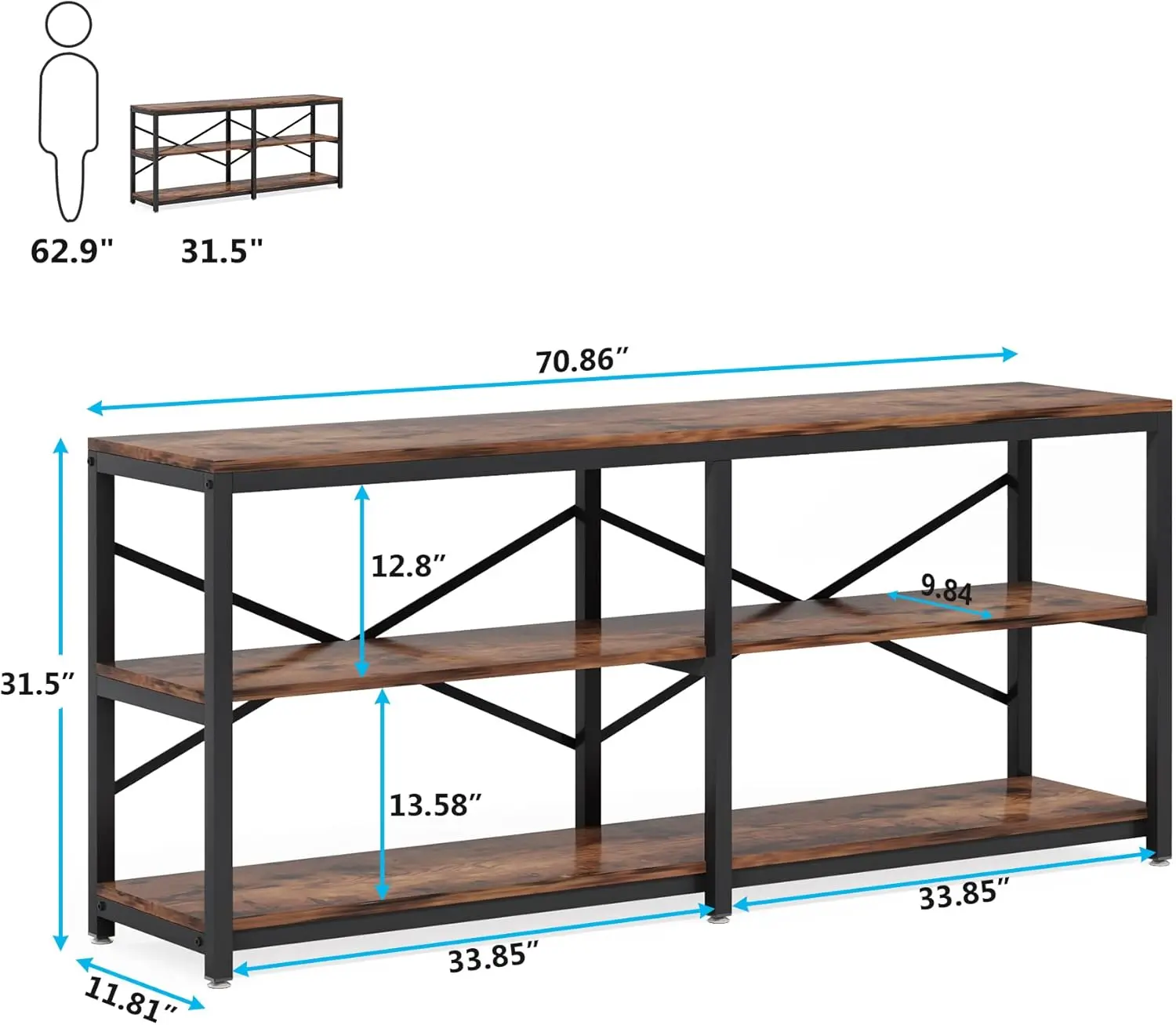 70.9 Inch Extra Long Console Table, Modern Sofa Table Behind Couch Table with Storage Shelves, 3-Tier Industrial Hallway Entryw