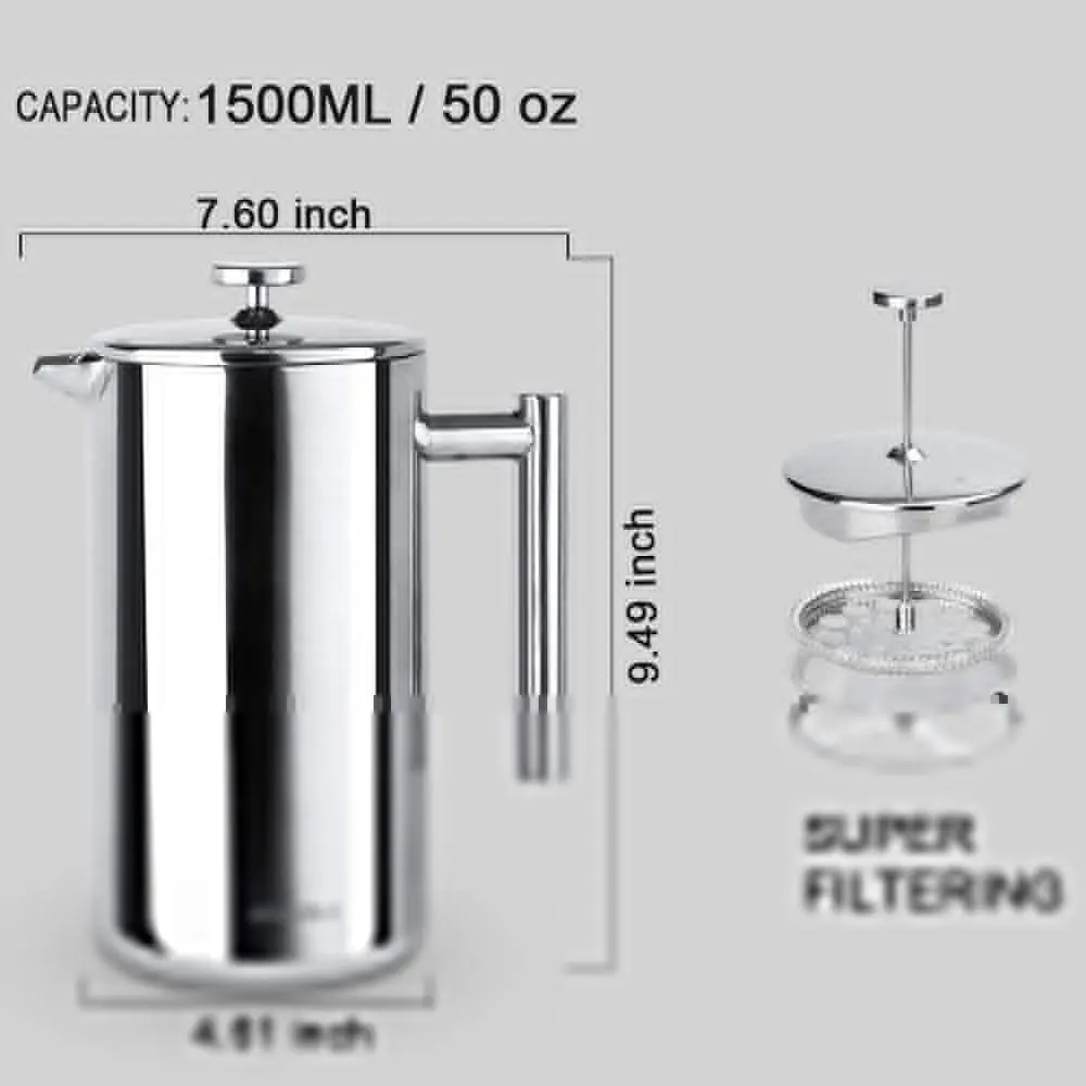 French Press Coffee Maker, 304 Grade Stainless Steel Insulated Coffee Press with 2 Extra Screens, 50oz (1.5 Litre), Silver