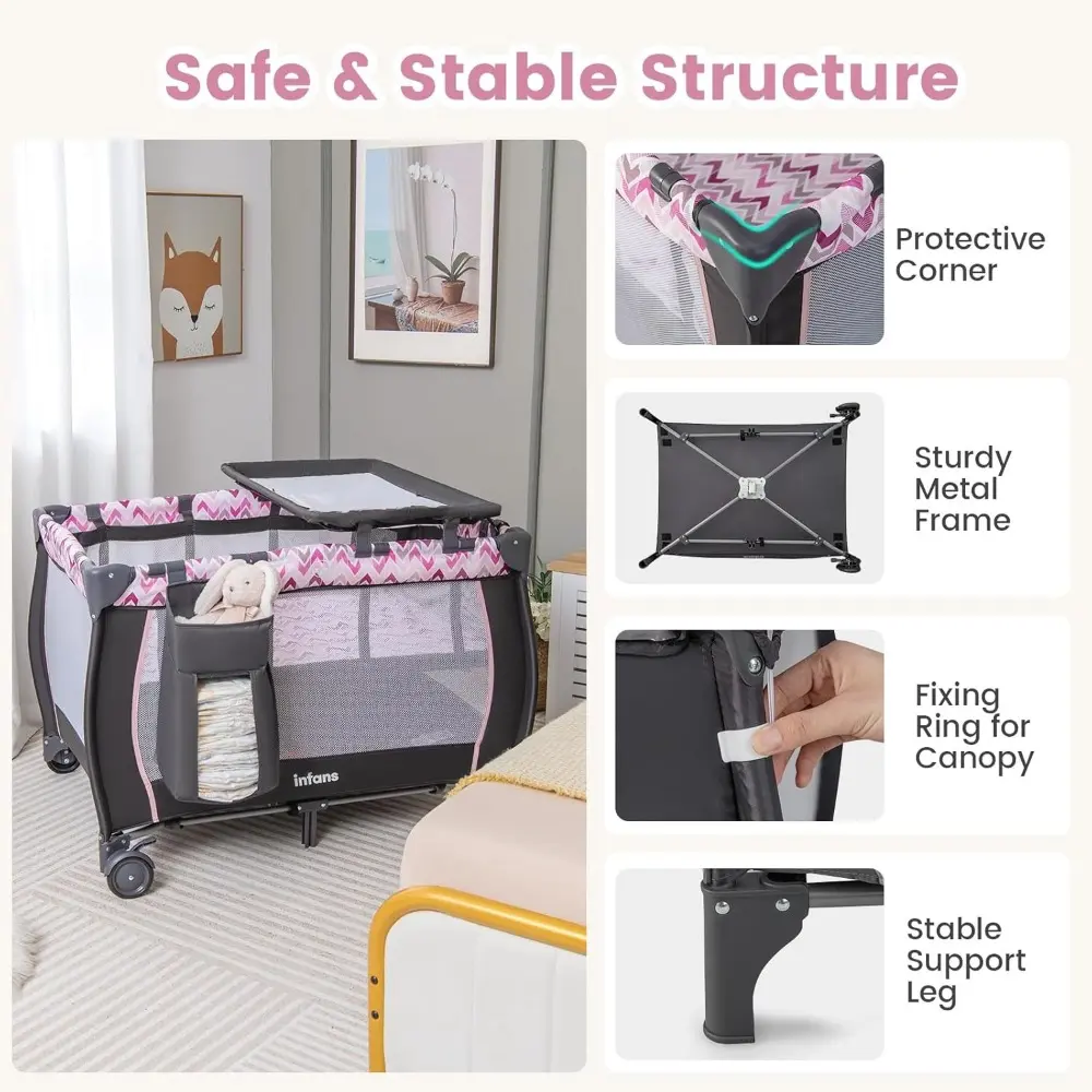 4 in 1 Pack and Play, Portable Travel Baby Playard with Bassinet, Changing Table, Canopy, Mosquito Net, Hanging Toys, Music Box