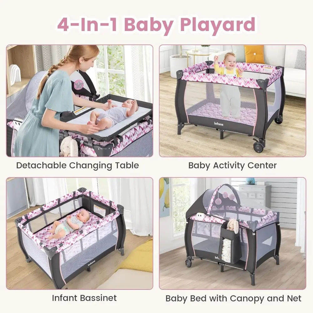 4 in 1 Pack and Play, Portable Travel Baby Playard with Bassinet, Changing Table, Canopy, Mosquito Net, Hanging Toys, Music Box