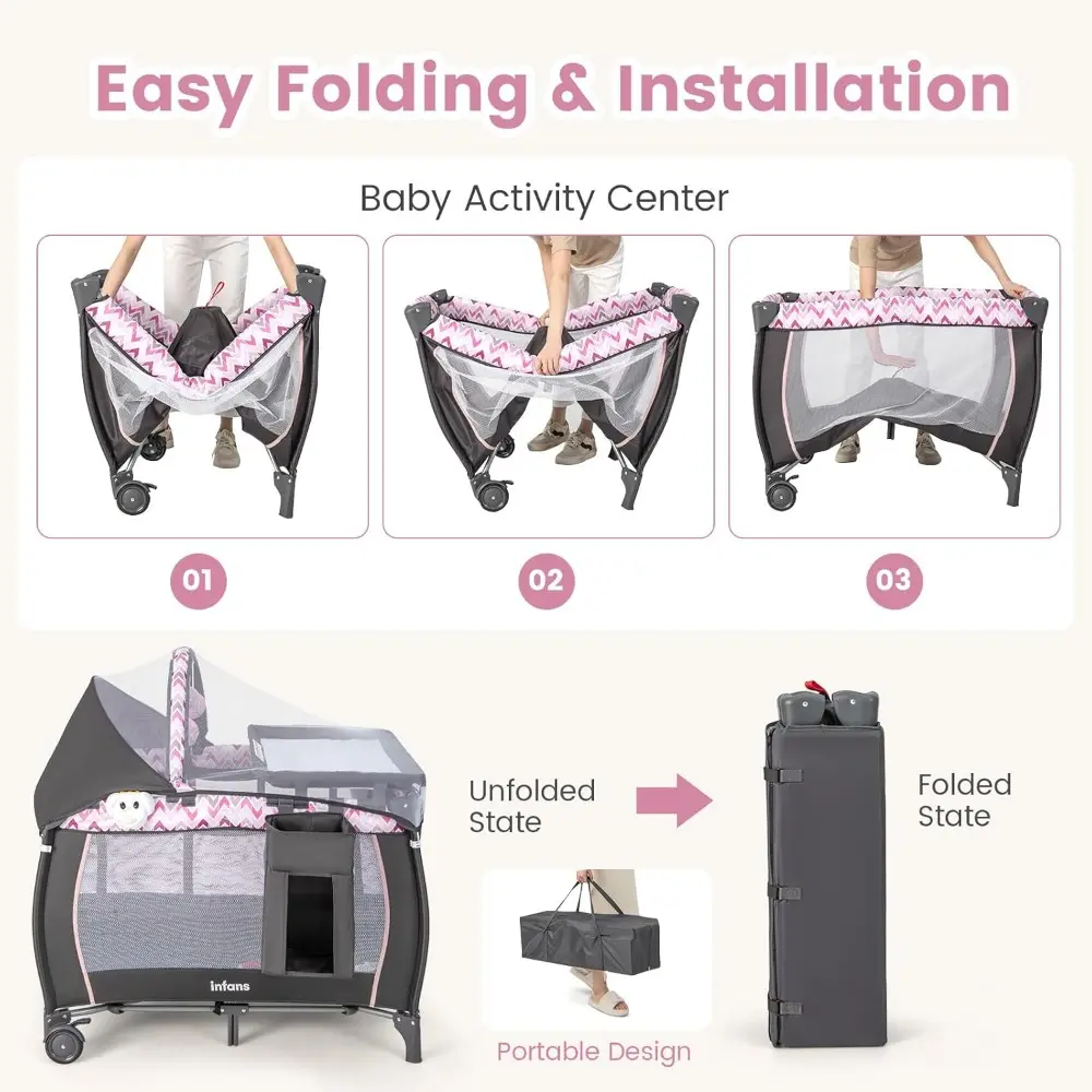 4 in 1 Pack and Play, Portable Travel Baby Playard with Bassinet, Changing Table, Canopy, Mosquito Net, Hanging Toys, Music Box
