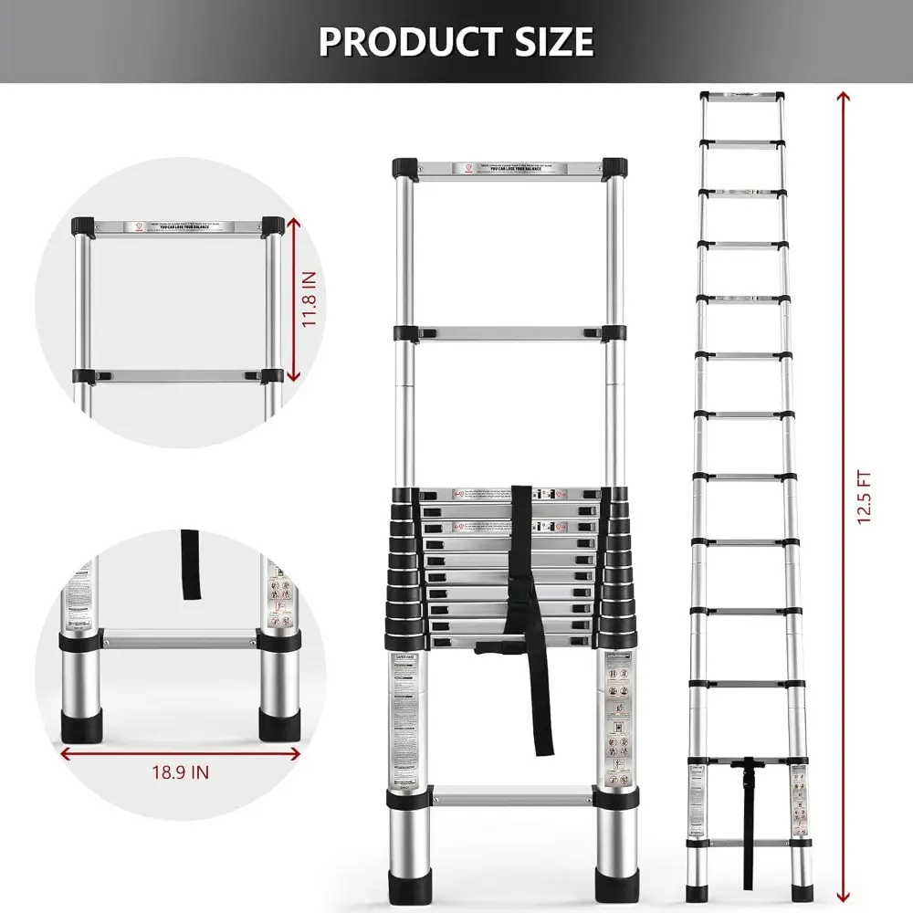 12.5FT / 3.8M Aluminum Telescopic Ladder Folding Step Inward Sliding Retraction Extension Multi-Use Non-Slip Collapsible