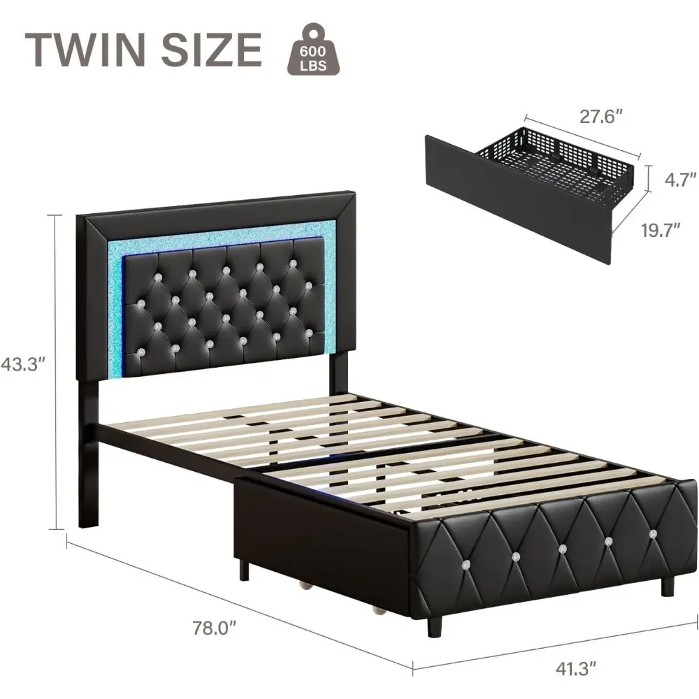 Twin Bed Frames with LED Lights and Storage Drawers, Upholstered Bed Frame with Diamond Headboard, Faux Leather Modern Platform