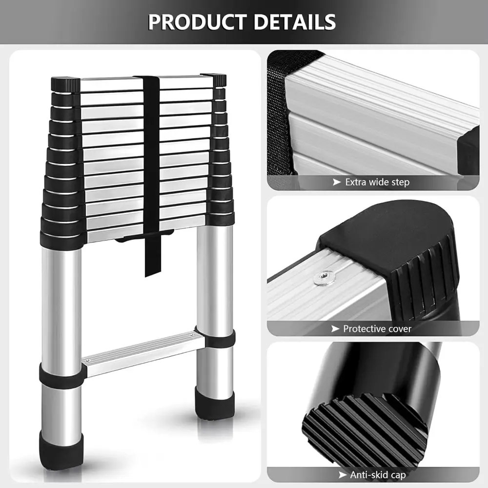 12.5FT / 3.8M Aluminum Telescopic Ladder Folding Step Inward Sliding Retraction Extension Multi-Use Non-Slip Collapsible