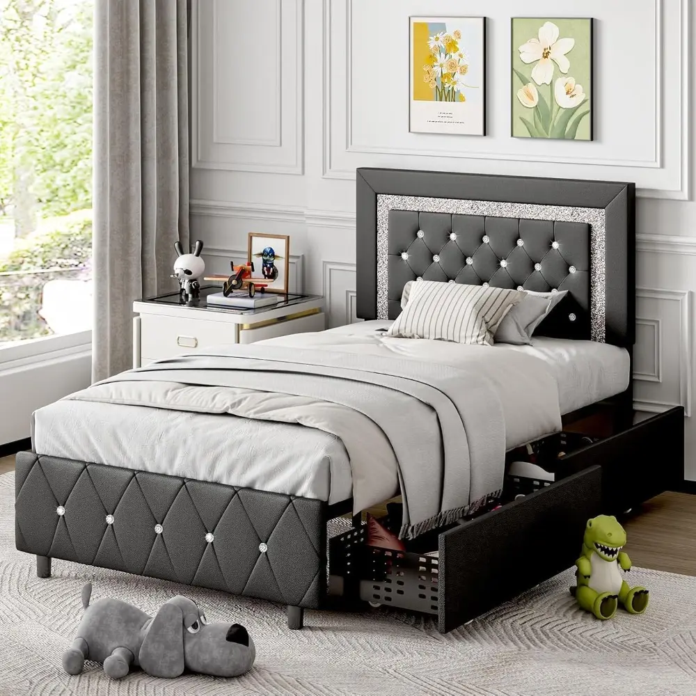 Twin Bed Frames with LED Lights and Storage Drawers, Upholstered Bed Frame with Diamond Headboard, Faux Leather Modern Platform