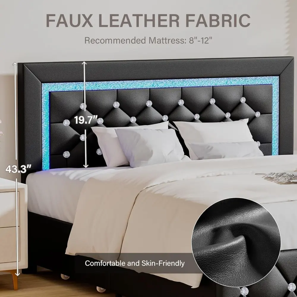 Twin Bed Frames with LED Lights and Storage Drawers, Upholstered Bed Frame with Diamond Headboard, Faux Leather Modern Platform