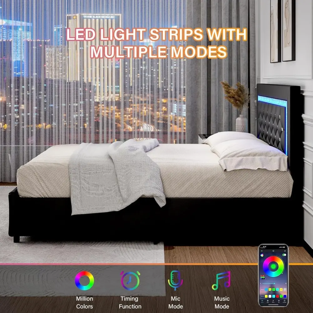 Twin Bed Frames with LED Lights and Storage Drawers, Upholstered Bed Frame with Diamond Headboard, Faux Leather Modern Platform