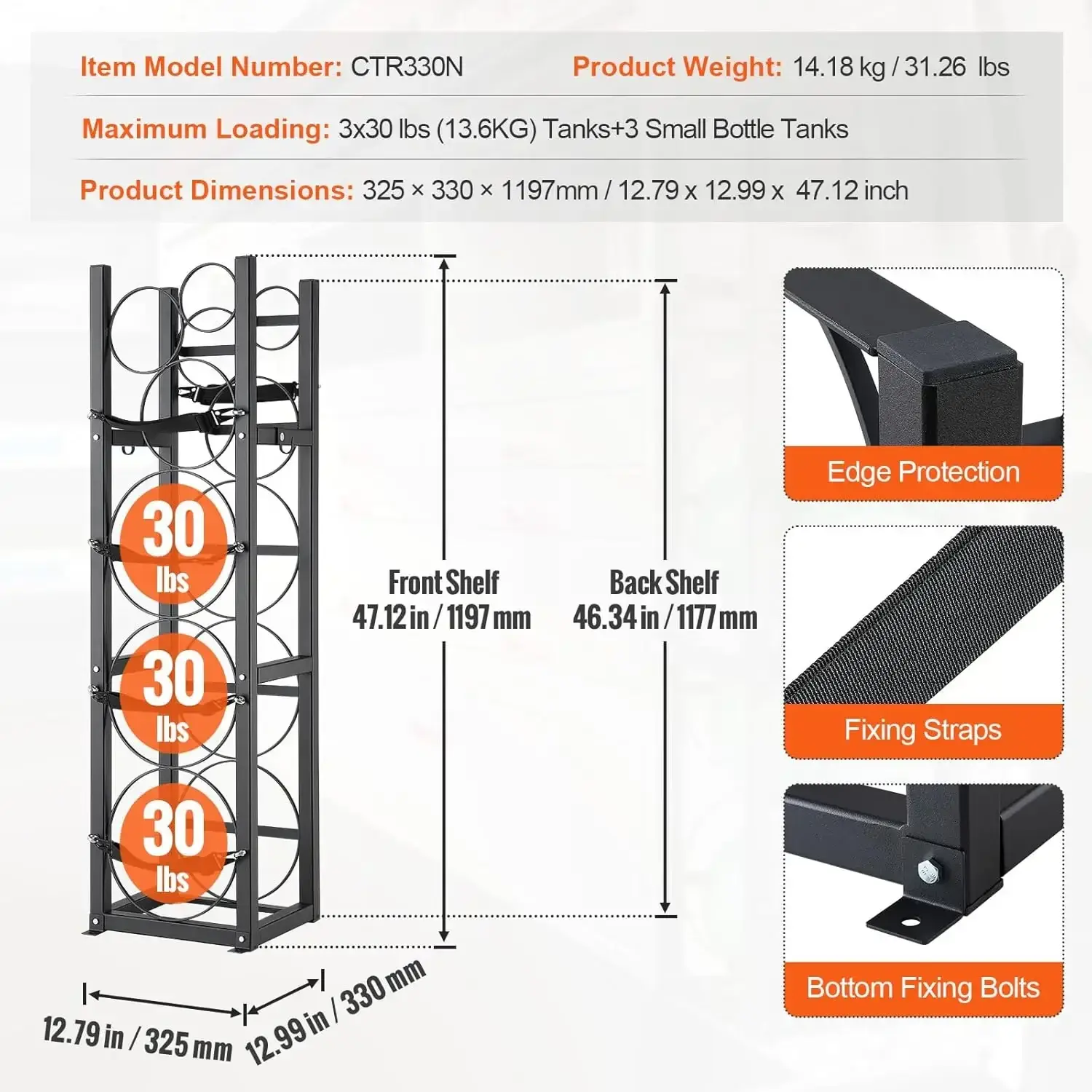 Refrigerant Tank Rack, with 3 x 30lbs and Other 3 Small Bottle Tanks, Cylinder Tank Rack 12.79x12.99x47.12 in