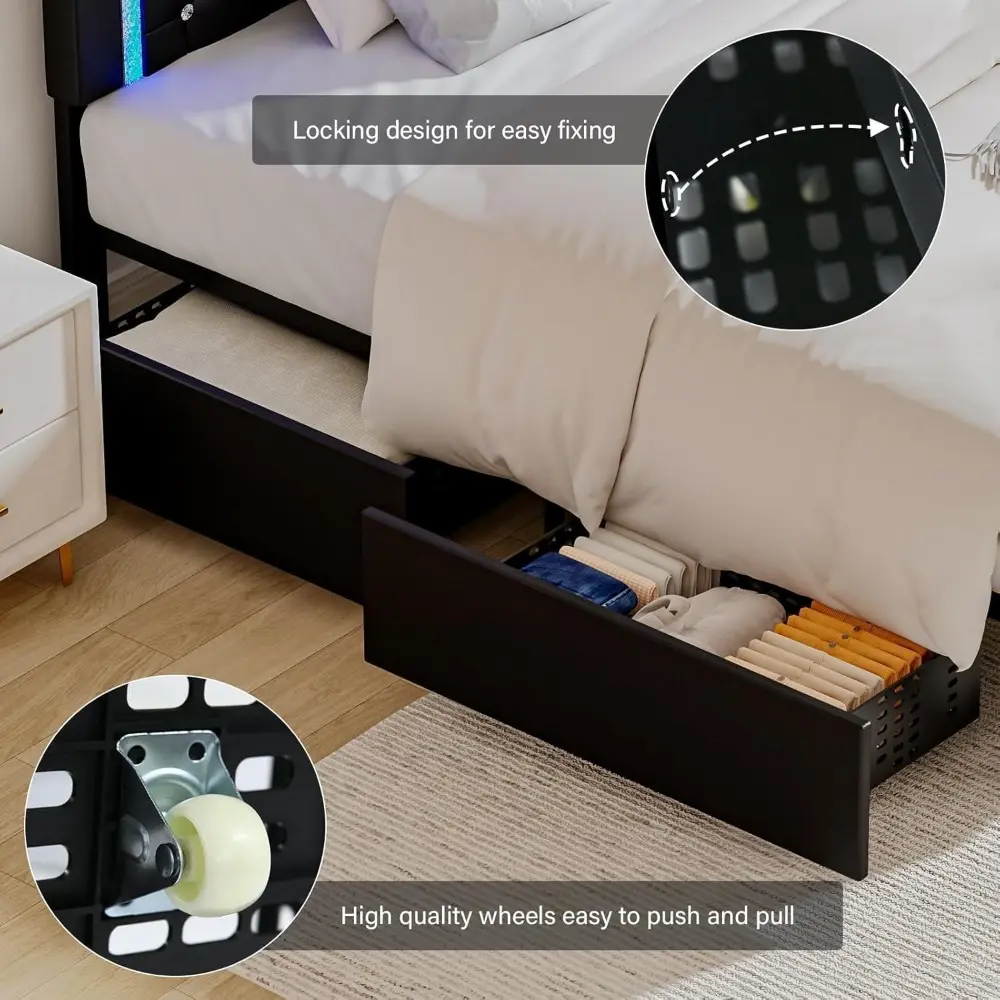 Twin Bed Frames with LED Lights and Storage Drawers, Upholstered Bed Frame with Diamond Headboard, Faux Leather Modern Platform