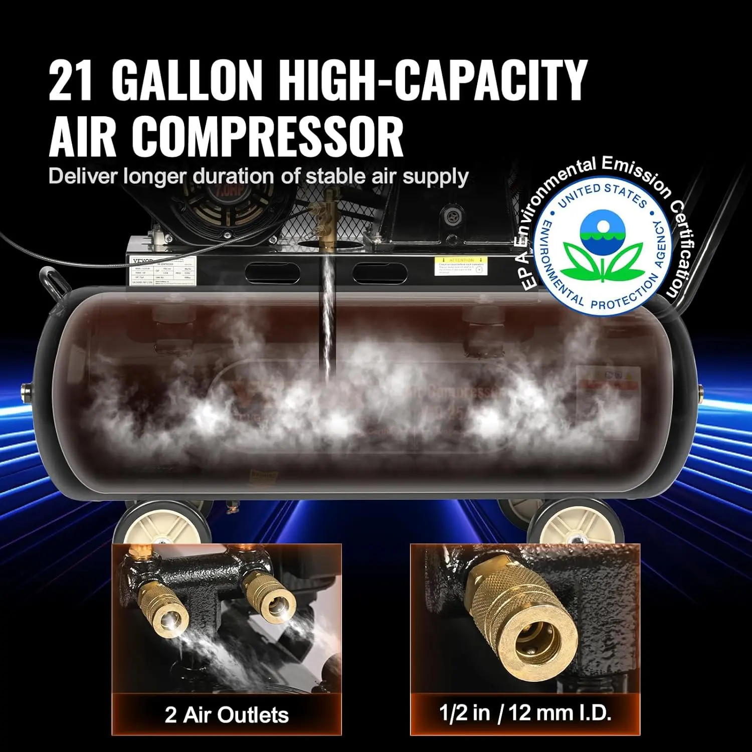 7HP Gas Powered Air Compressor, 21 Gallon Horizontal Air Compressor Tank with Wheels, 9CFM@115PSI Gas Driven Piston Pump