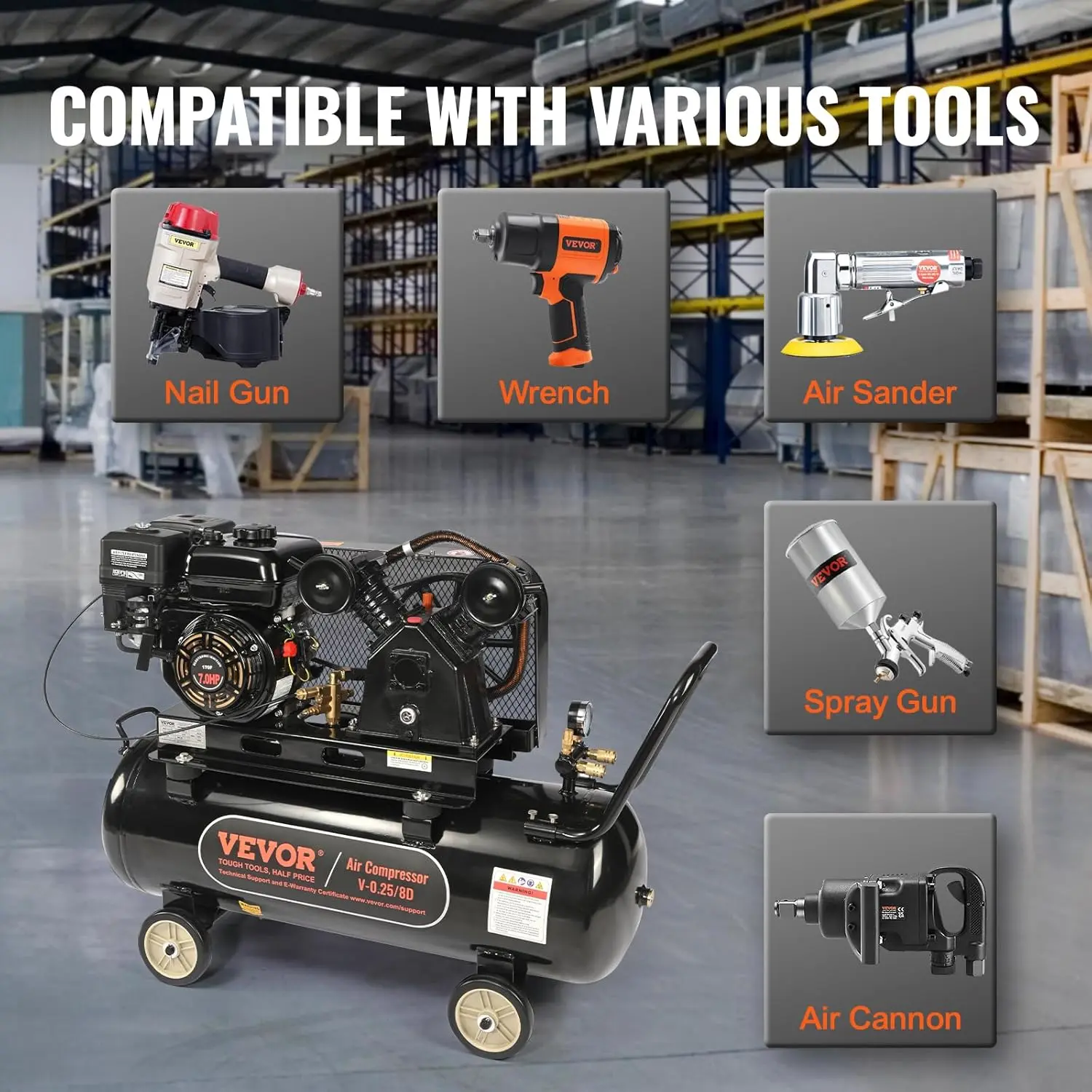 7HP Gas Powered Air Compressor, 21 Gallon Horizontal Air Compressor Tank with Wheels, 9CFM@115PSI Gas Driven Piston Pump