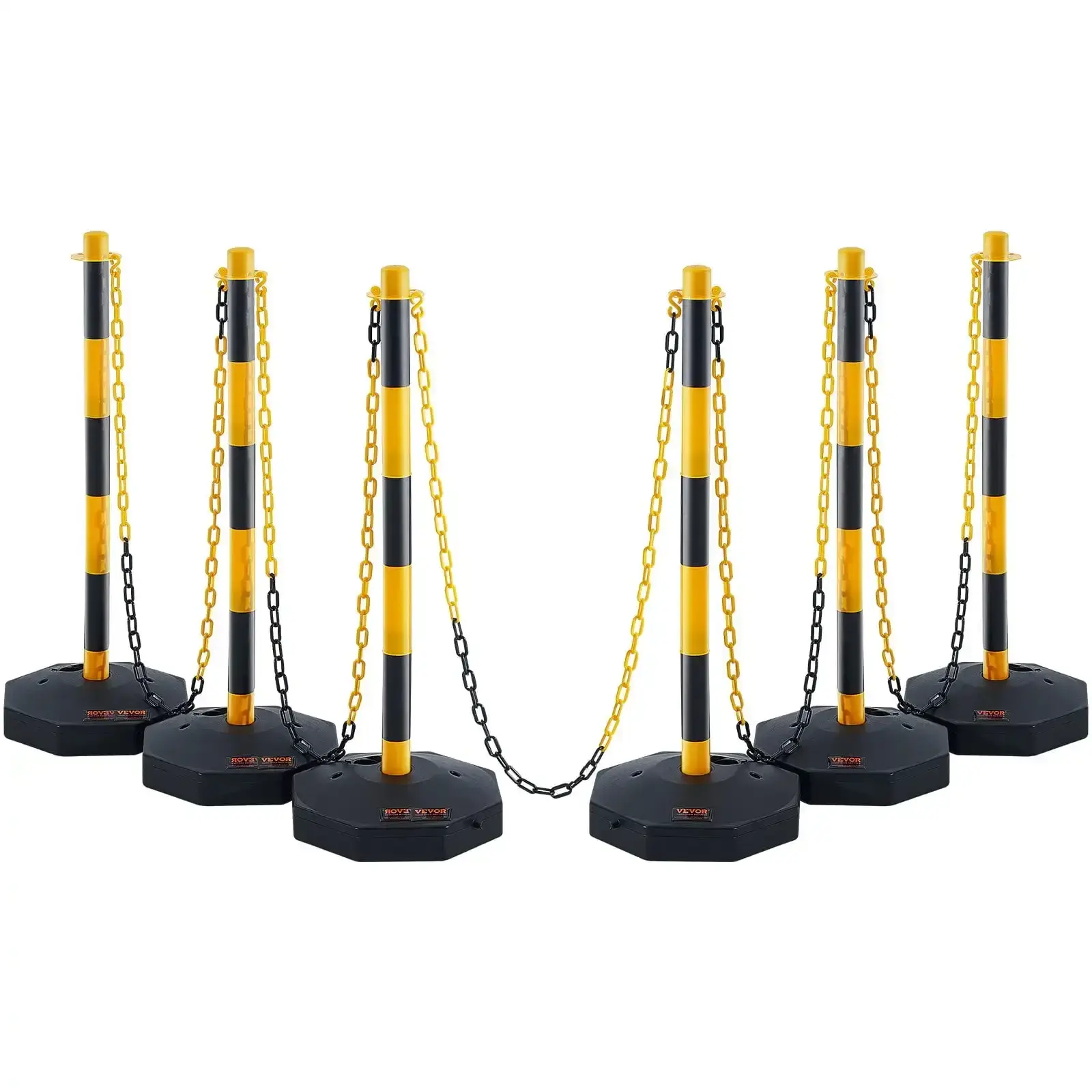 Adjustable Traffic Delineator Post Cones, 6-Pack with Fillable Base & 8ft Chain