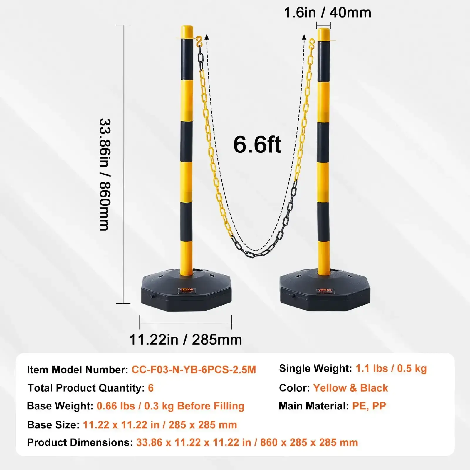 Adjustable Traffic Delineator Post Cones, 6-Pack with Fillable Base & 8ft Chain