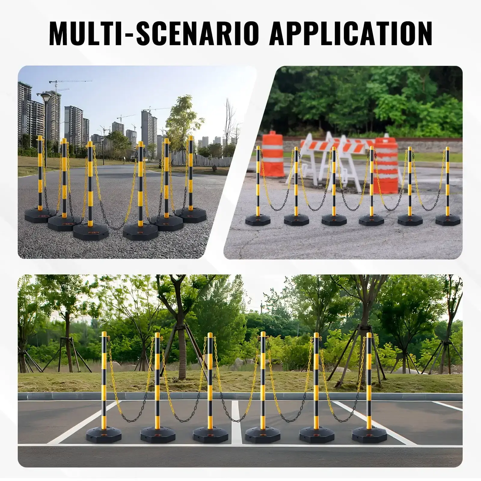 Adjustable Traffic Delineator Post Cones, 6-Pack with Fillable Base & 8ft Chain