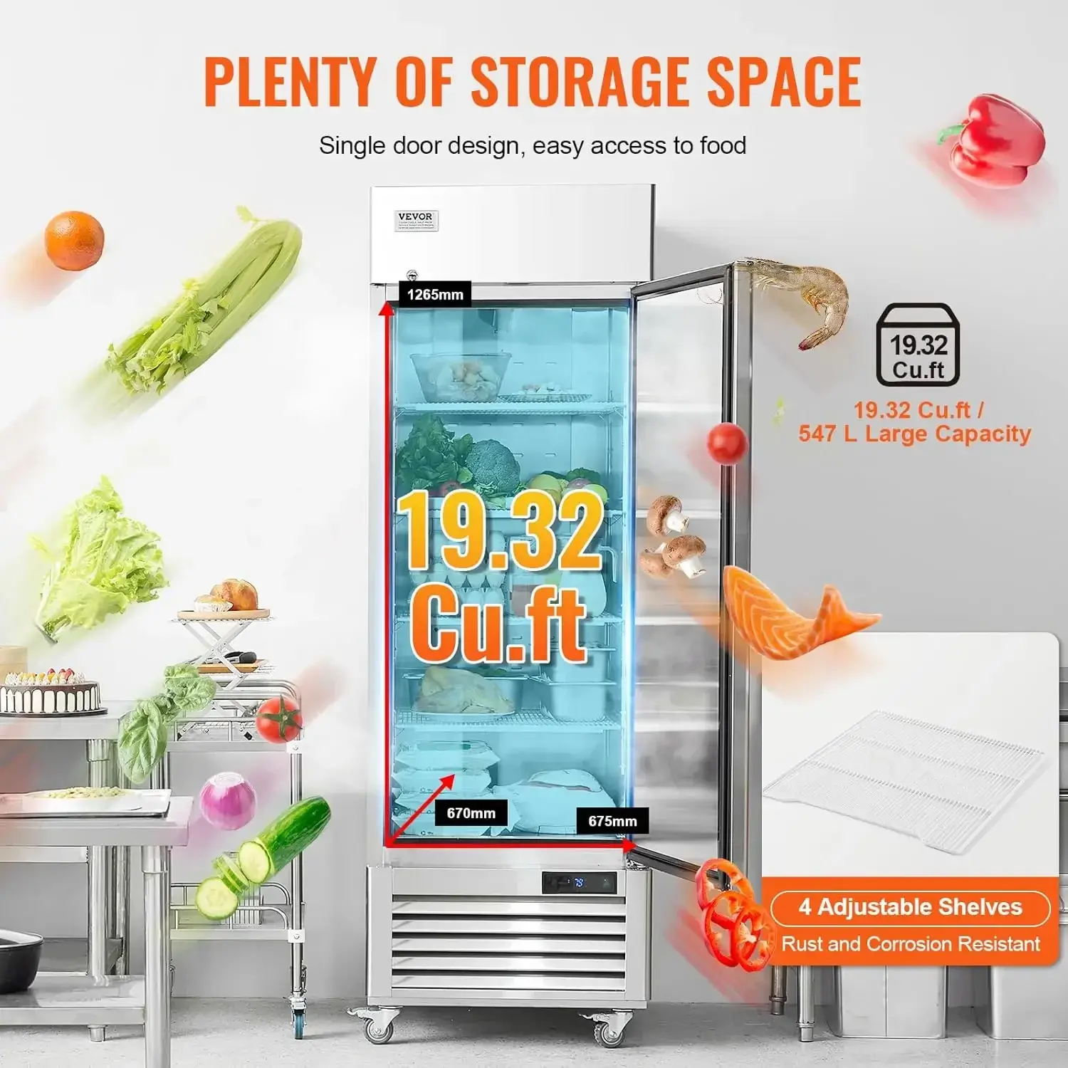 Commercial Refrigerator 19.32 Cu.ft, Reach In 27" W Upright Refrigerator Single Door, 33 to 41℉ Temp Control, LED Light, 4 Wheel