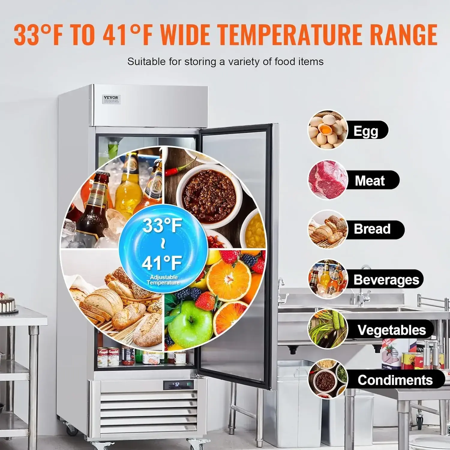Commercial Refrigerator 19.32 Cu.ft, Reach In 27" W Upright Refrigerator Single Door, 33 to 41℉ Temp Control, LED Light, 4 Wheel