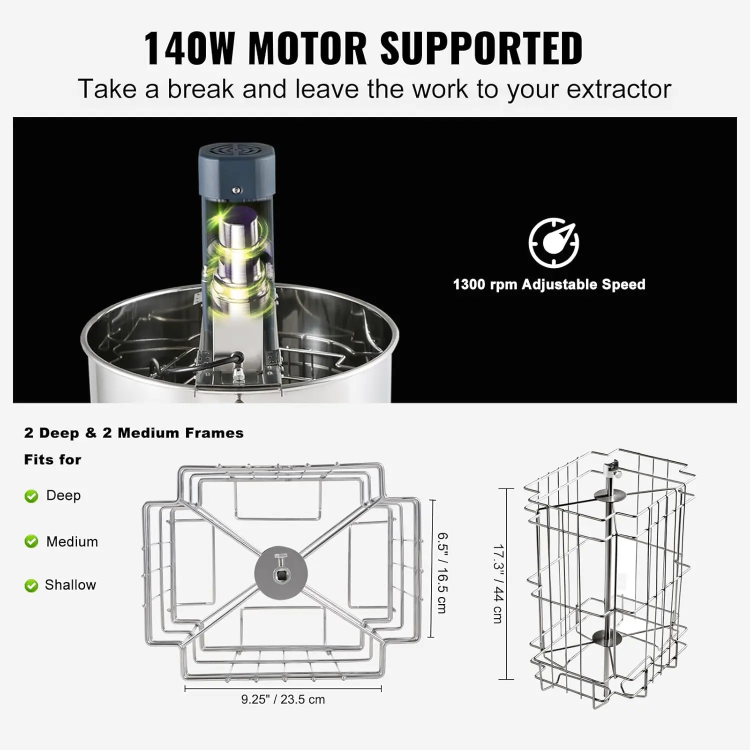 Electric Honey Extractor 2/4 Frame, Stainless Steel Beekeeping Extractor Equipment with Adjustable Stand and Clear Lid