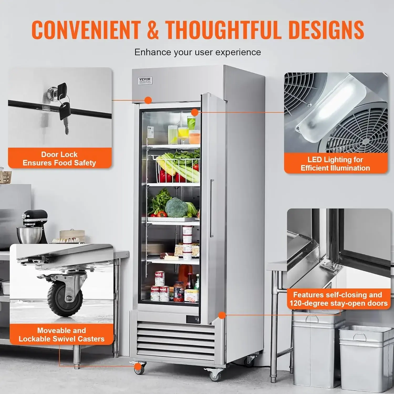 Commercial Refrigerator 19.32 Cu.ft, Reach In 27" W Upright Refrigerator Single Door, 33 to 41℉ Temp Control, LED Light, 4 Wheel