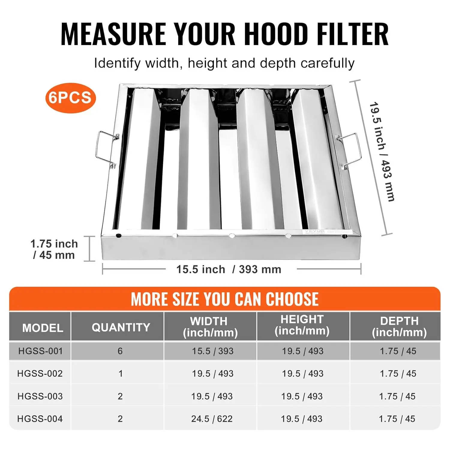 Commercial Hood Filter, 15.5W x 19.5H Inch Range Hood Filters, Stainless Steel Restaurant Range Hood Baffle Filter