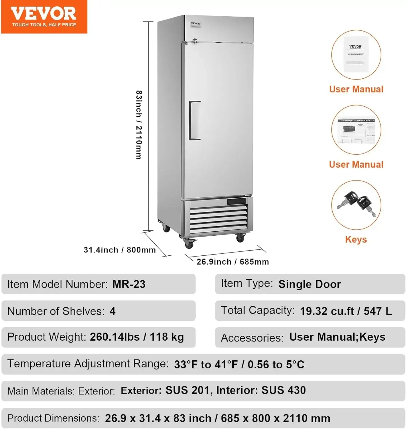 Commercial Refrigerator 19.32 Cu.ft, Reach In 27" W Upright Refrigerator Single Door, 33 to 41℉ Temp Control, LED Light, 4 Wheel