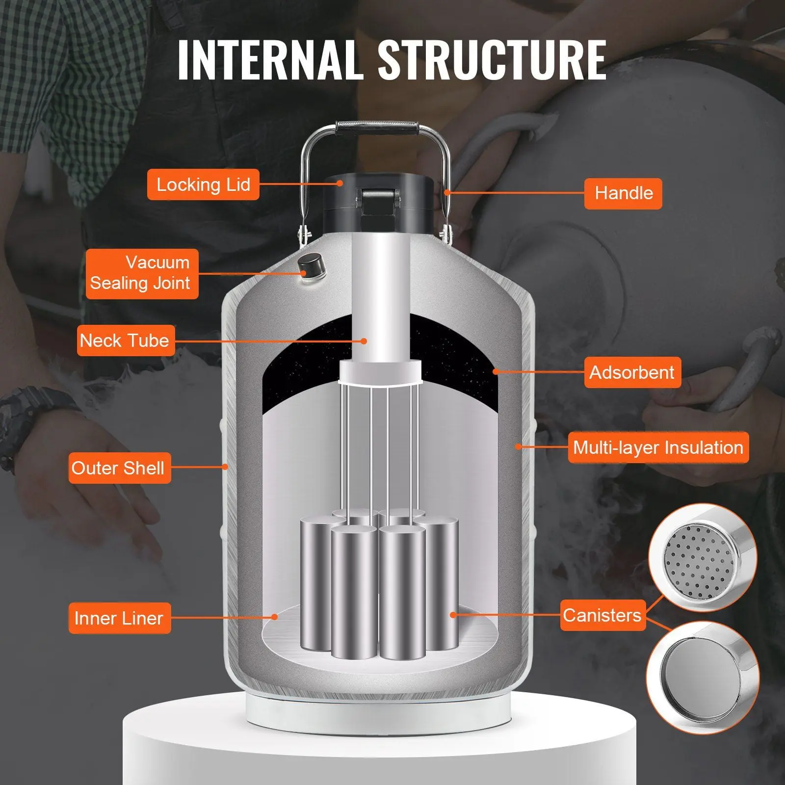 Liquid Nitrogen Tank 3 L Aluminum Alloy LN2 Container Dewar 6 Canisters