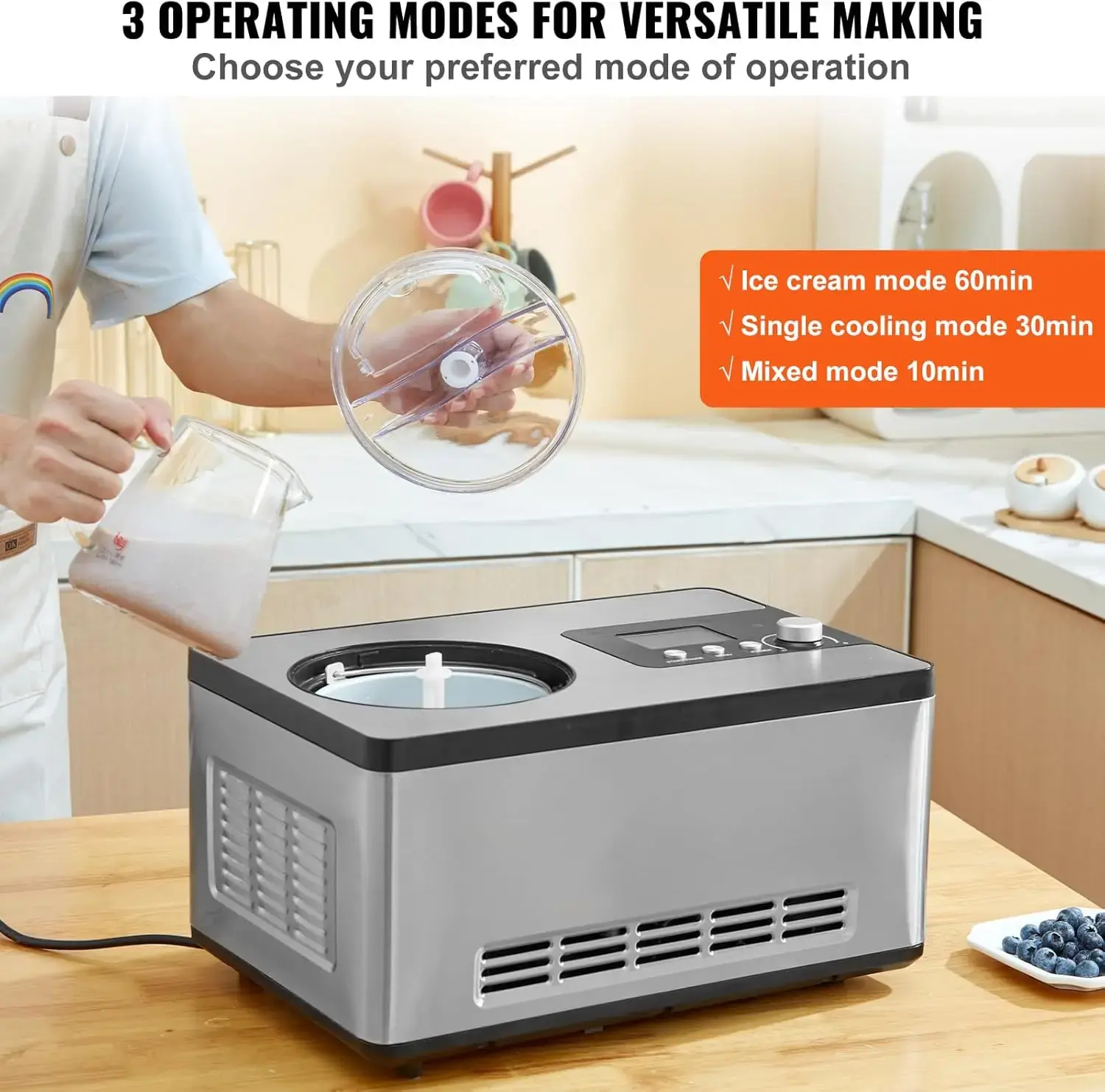 Automatic Ice Cream Maker with Built-in Compressor, 2 Quart No Pre-freezing Fruit Yogurt Machine