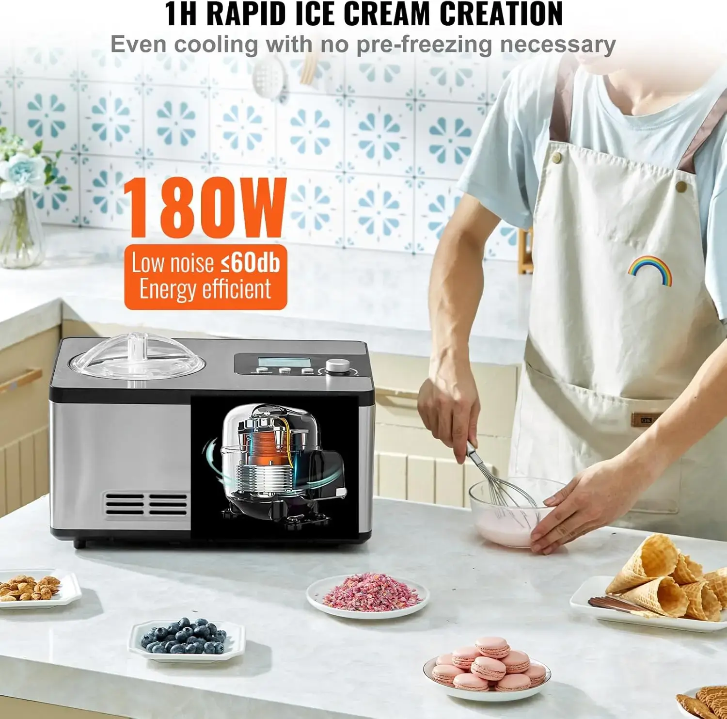 Automatic Ice Cream Maker with Built-in Compressor, 2 Quart No Pre-freezing Fruit Yogurt Machine
