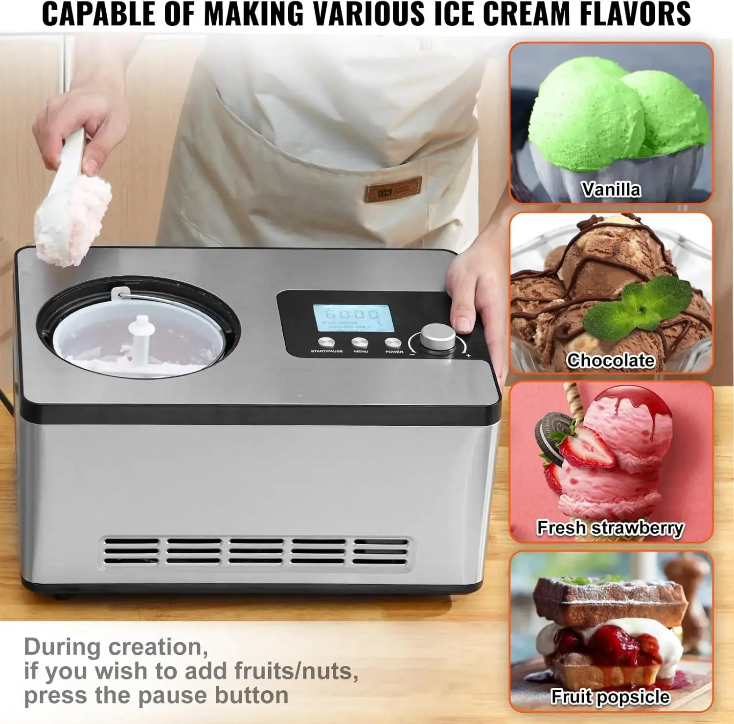 Automatic Ice Cream Maker with Built-in Compressor, 2 Quart No Pre-freezing Fruit Yogurt Machine