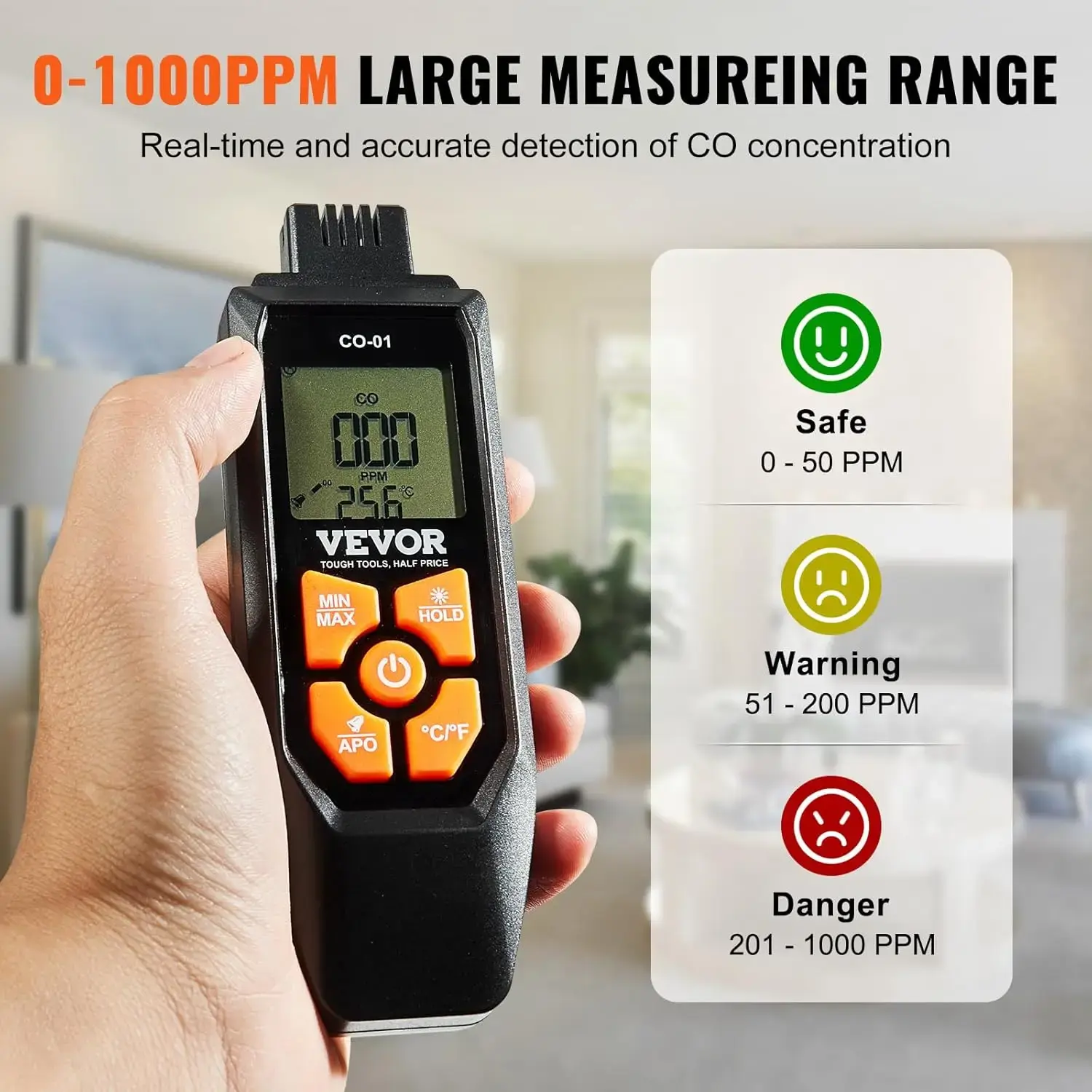 Carbon Monoxide Detectors, 0-1000PPM CO Detector with Audible & Visual Alarm, Portable CO Gas Meter Tester with