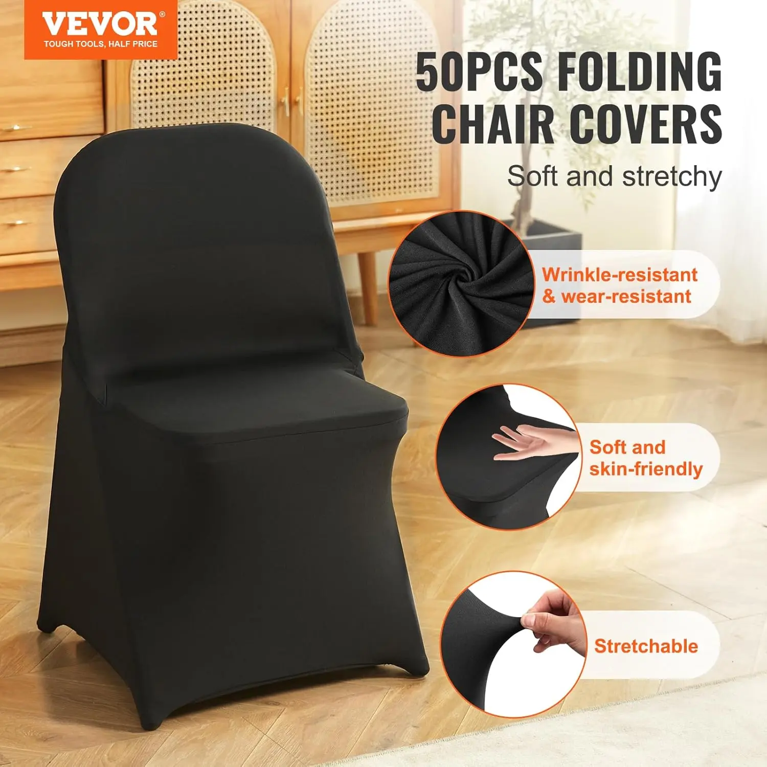 Stretch Spandex Folding Chair Covers, Universal Fitted Chair Cover, Removable Washable Protective Slipcovers (50PCS Black)