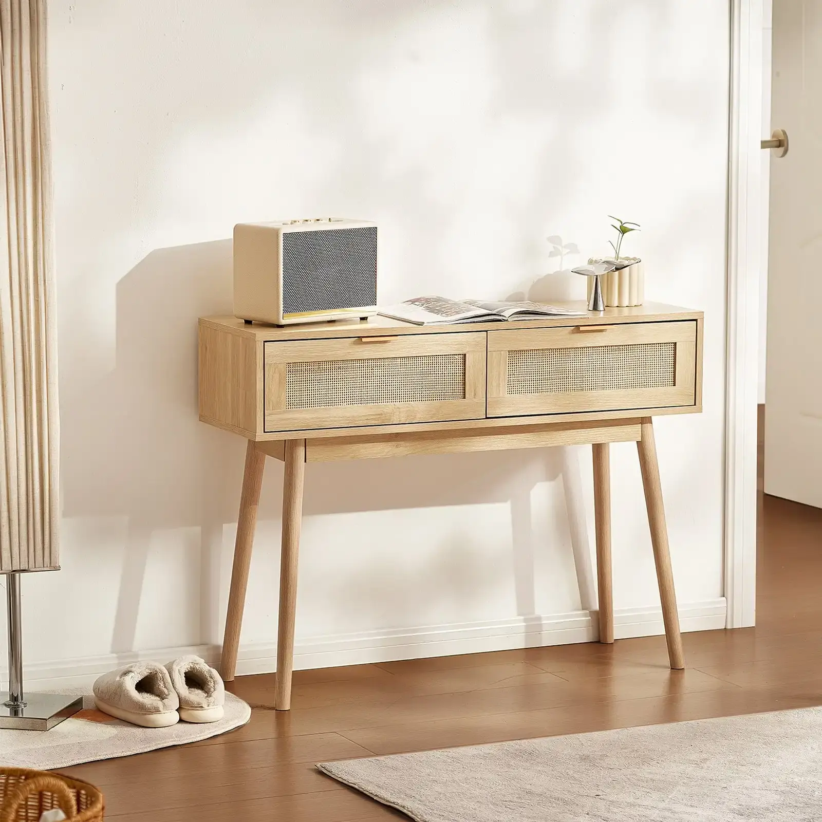 Rattan Console Table - 2 Storage Drawers, Rattan Sliding Door, Natural