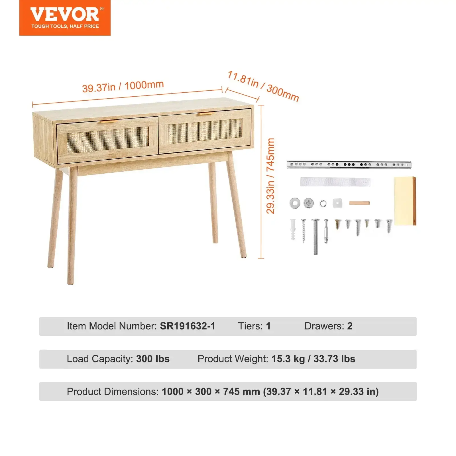 Rattan Console Table - 2 Storage Drawers, Rattan Sliding Door, Natural