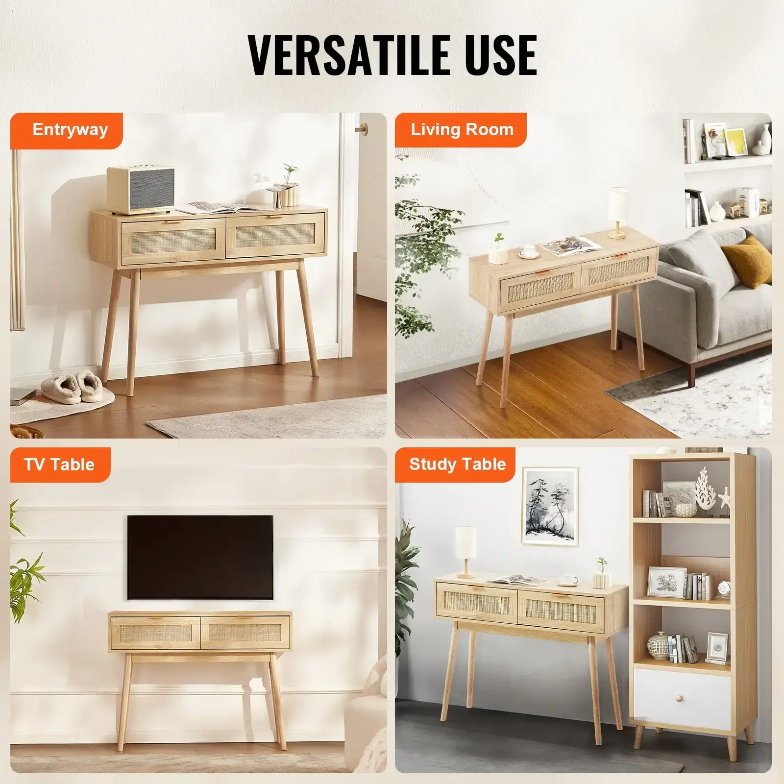 Rattan Console Table - 2 Storage Drawers, Rattan Sliding Door, Natural