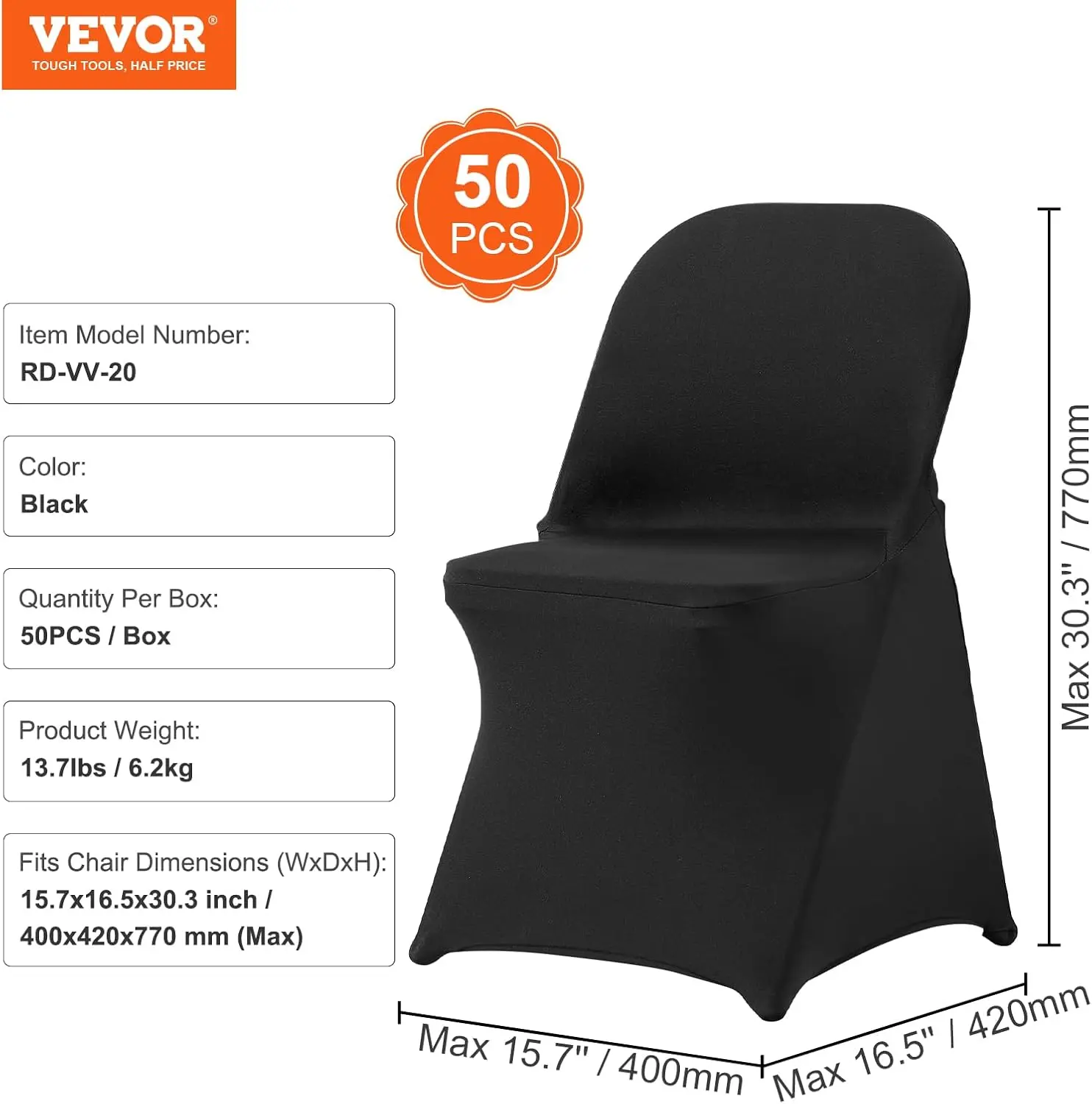 Stretch Spandex Folding Chair Covers, Universal Fitted Chair Cover, Removable Washable Protective Slipcovers (50PCS Black)