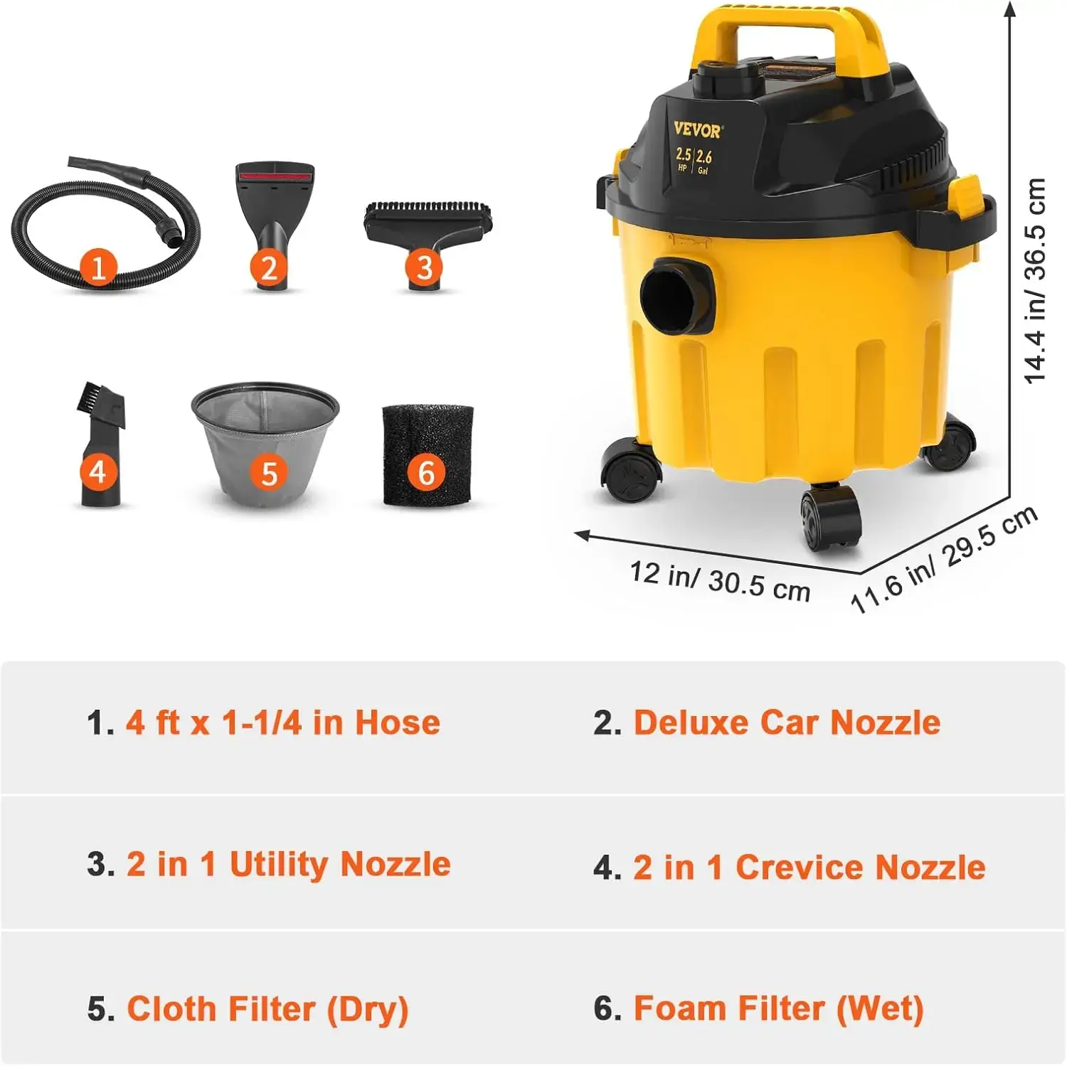 Wet Dry Vac, 2.6 Gallon, 2.5 Peak HP, 3 in 1 Portable Shop Vacuum with Blowing Function, Attachments Storage, Black/Yellow