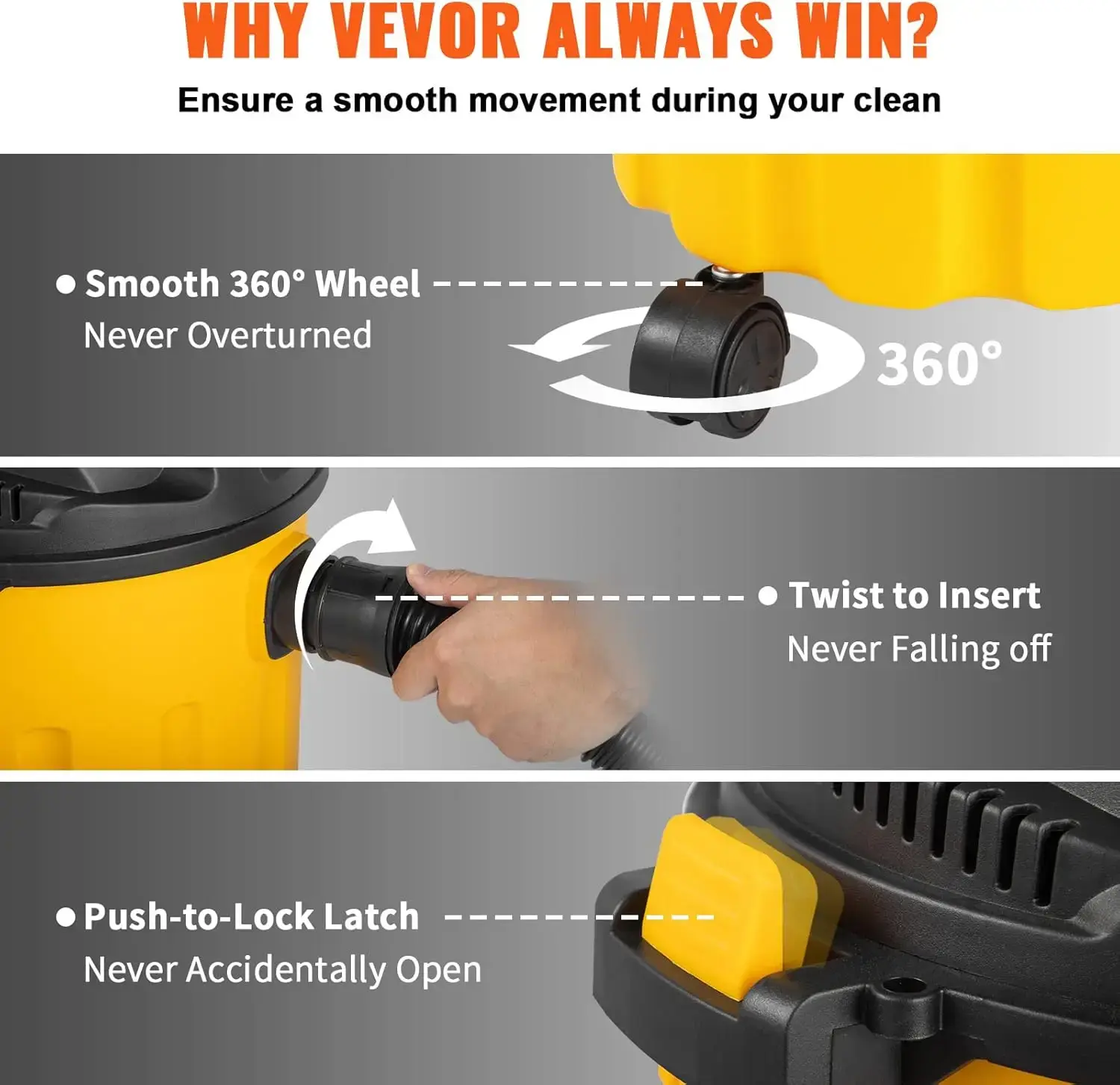 Wet Dry Vac, 2.6 Gallon, 2.5 Peak HP, 3 in 1 Portable Shop Vacuum with Blowing Function, Attachments Storage, Black/Yellow
