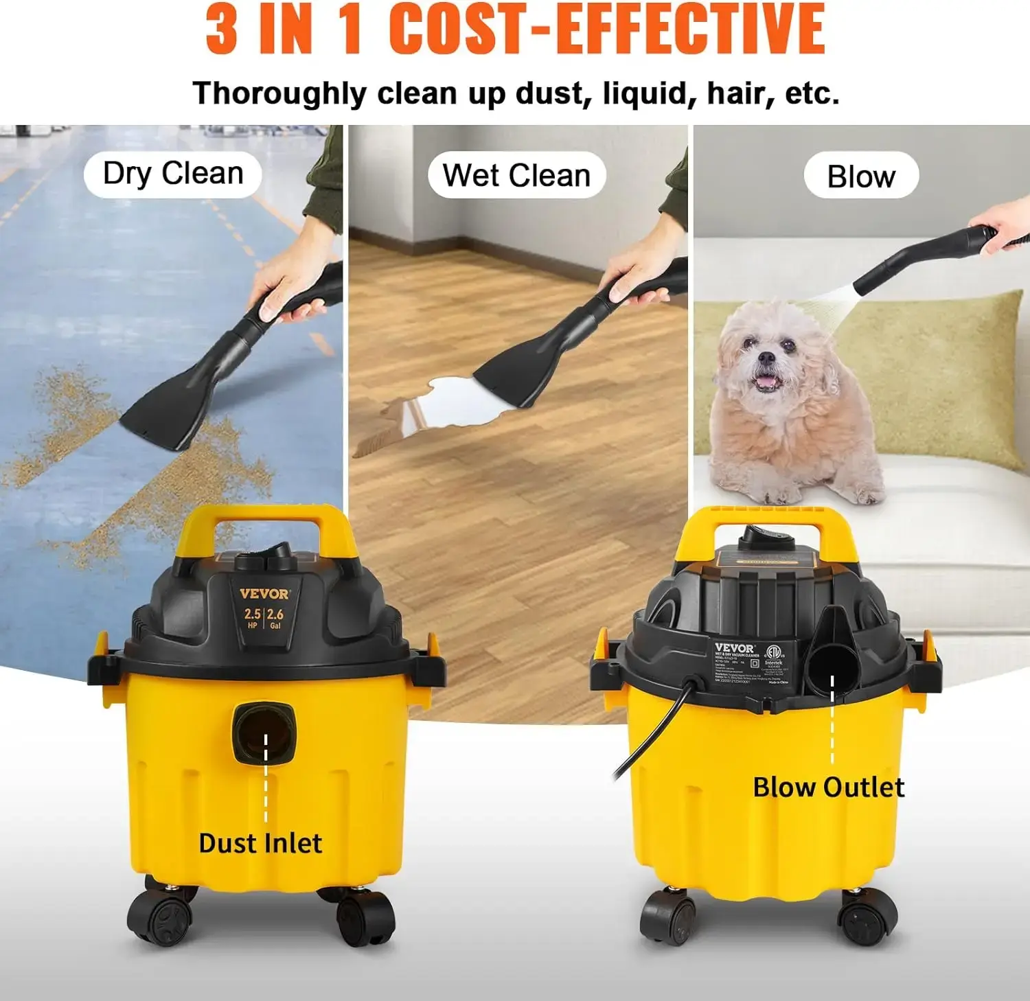 Wet Dry Vac, 2.6 Gallon, 2.5 Peak HP, 3 in 1 Portable Shop Vacuum with Blowing Function, Attachments Storage, Black/Yellow