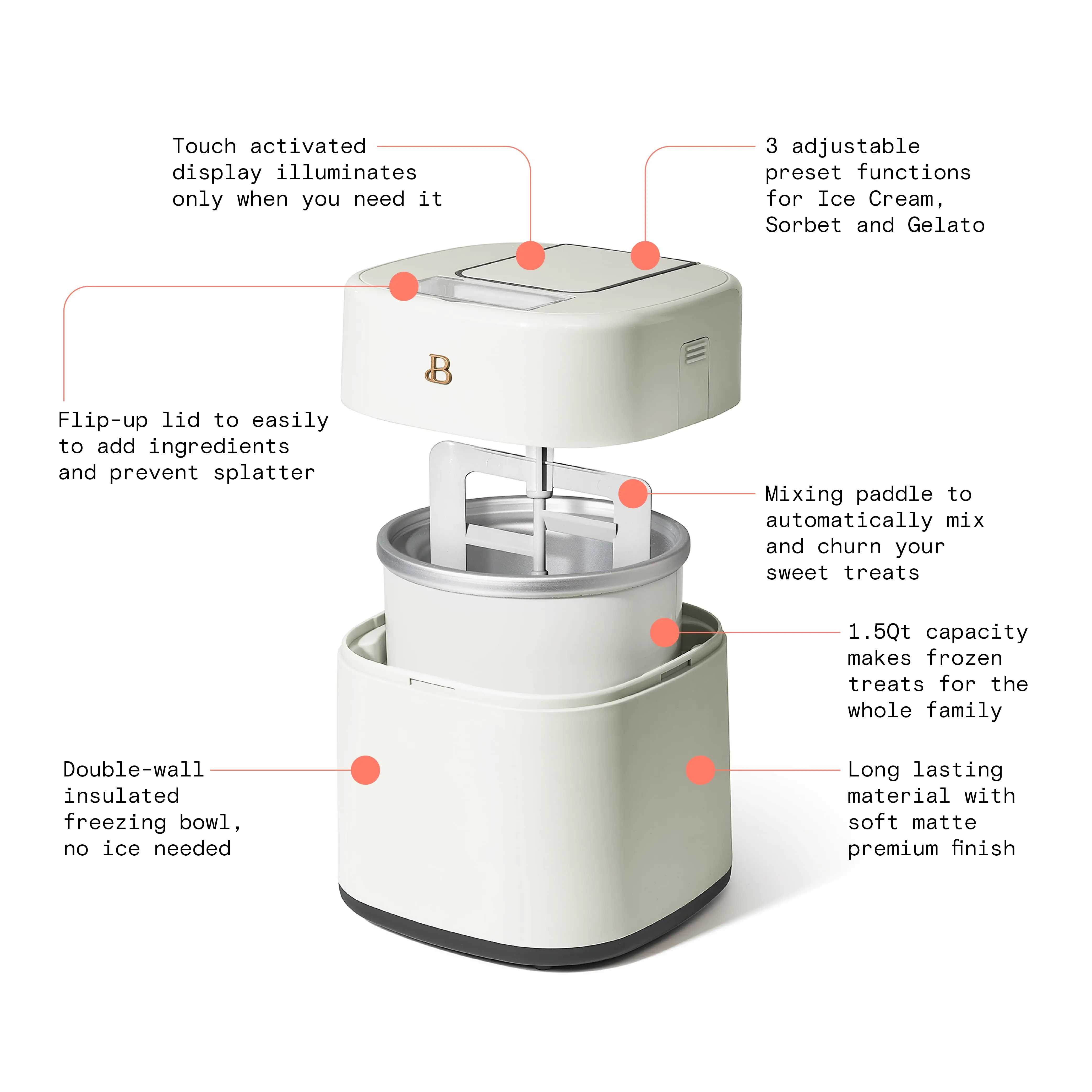 1.5 Qt Ice Cream Maker with Touch Activated Display, White