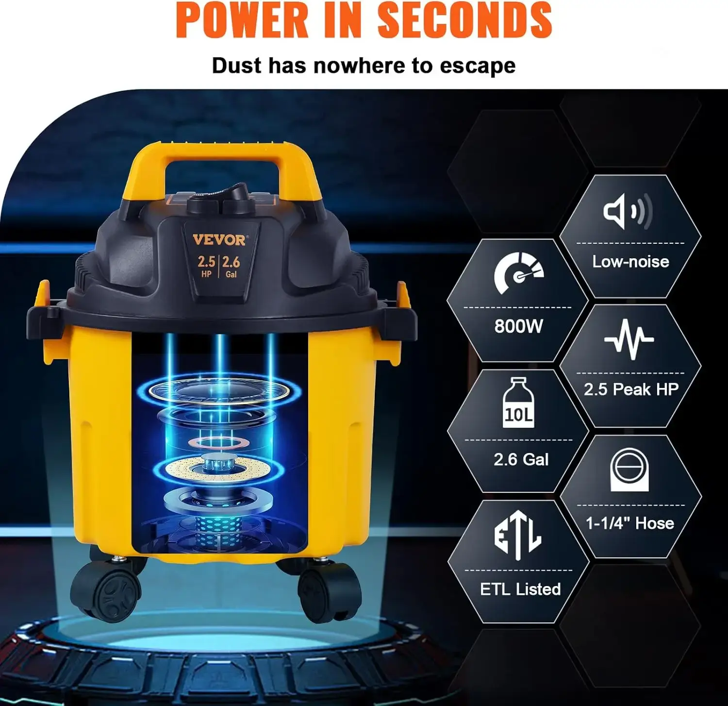 Wet Dry Vac, 2.6 Gallon, 2.5 Peak HP, 3 in 1 Portable Shop Vacuum with Blowing Function, Attachments Storage, Black/Yellow