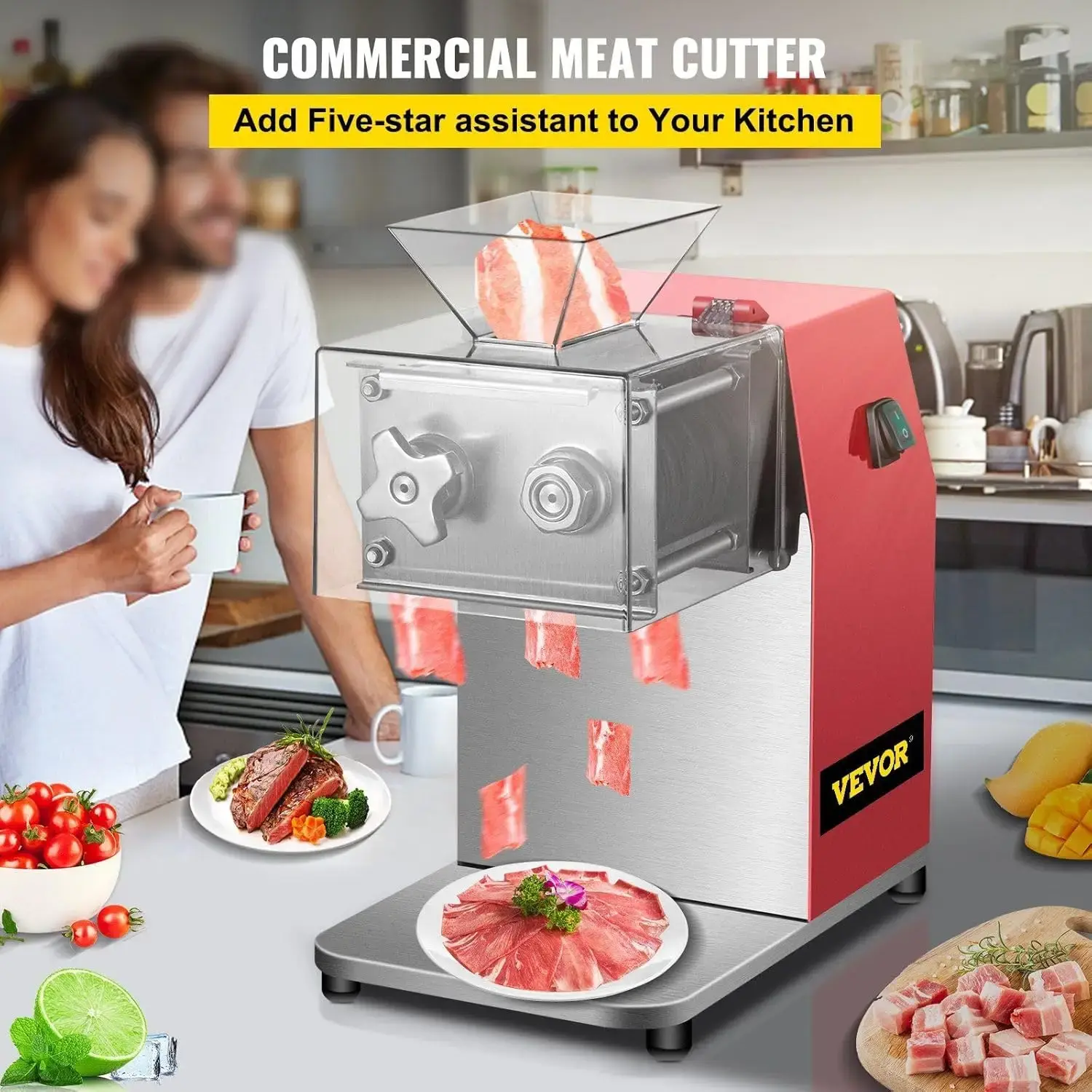 Commercial Meat Cutting Machine, 551 Lbs/H 850W Meat Shredding Machine, 3.5mm Blade Electric Meat Cutter, Red