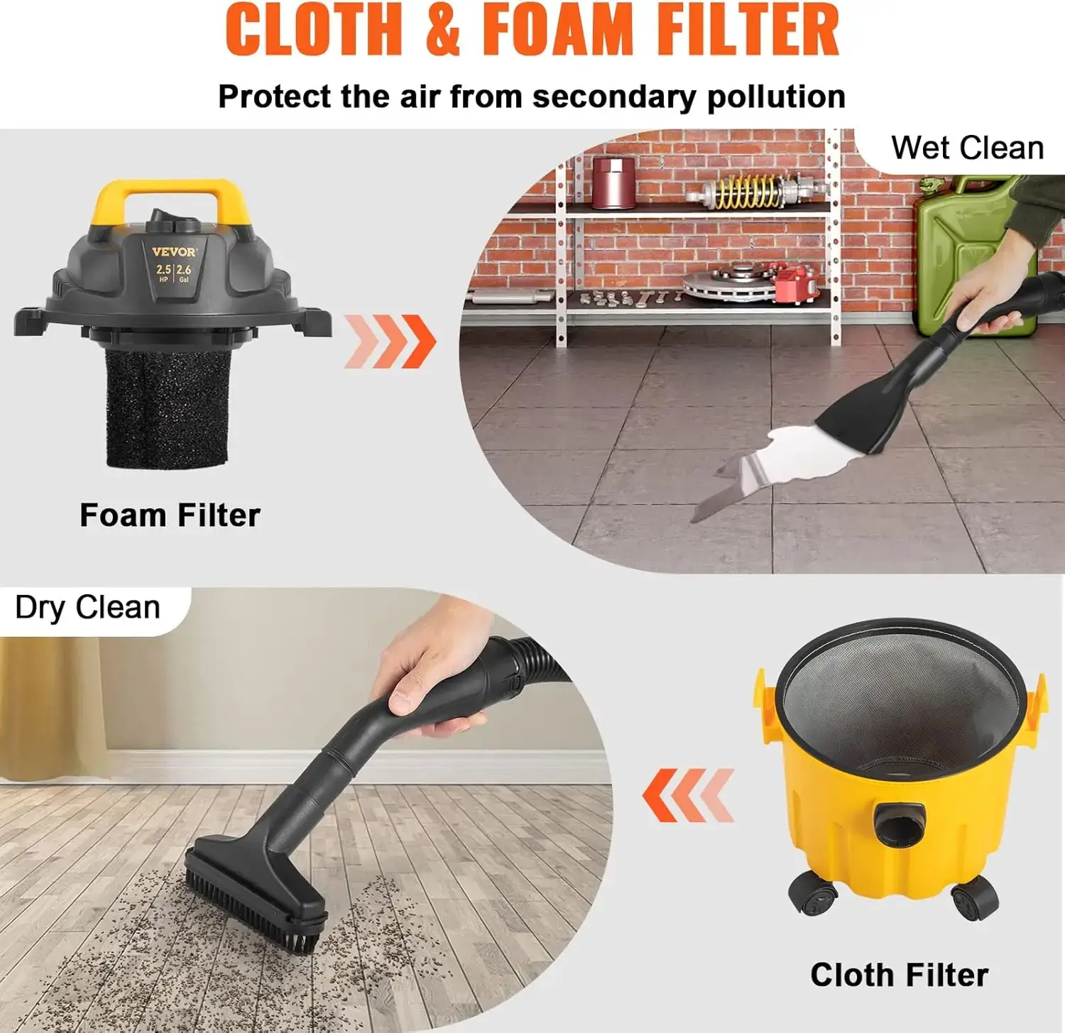 Wet Dry Vac, 2.6 Gallon, 2.5 Peak HP, 3 in 1 Portable Shop Vacuum with Blowing Function, Attachments Storage, Black/Yellow