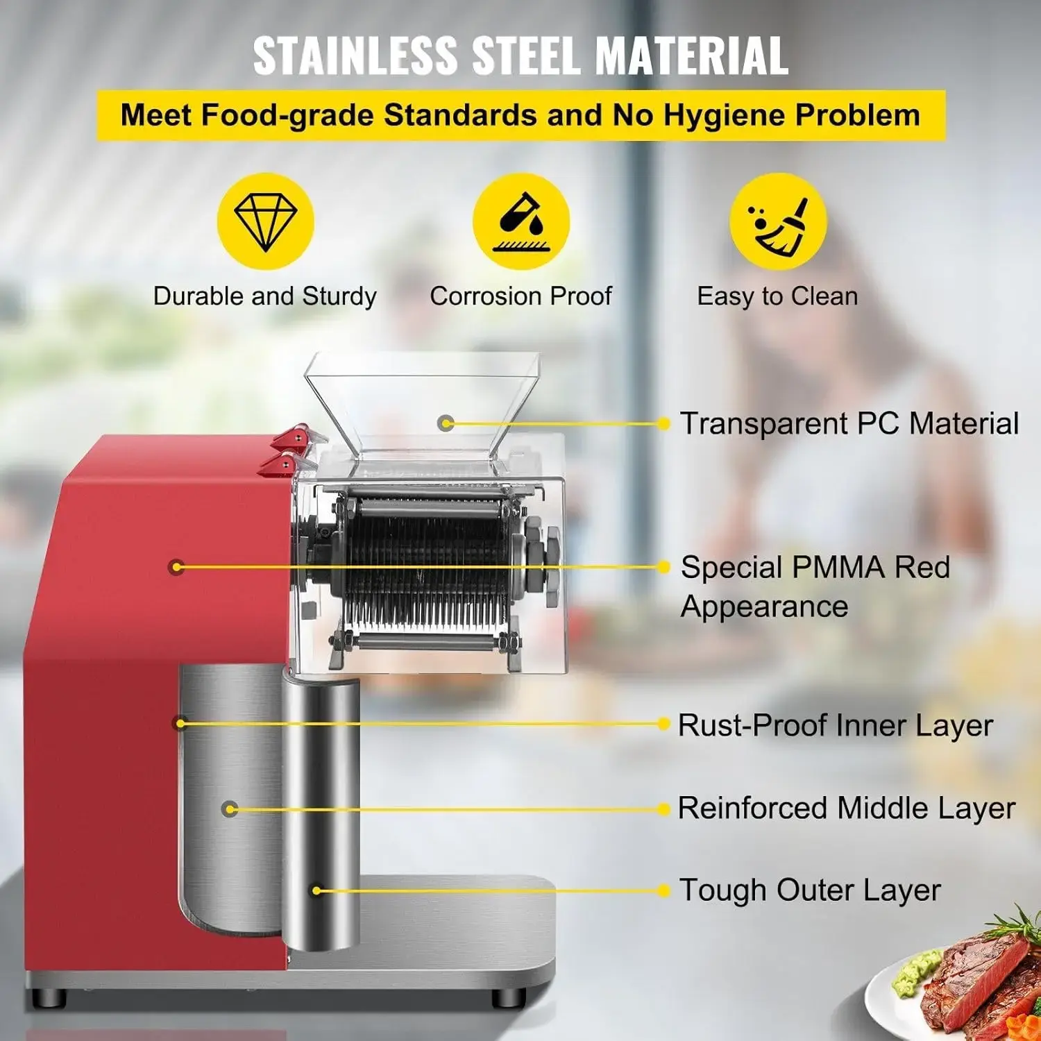 Commercial Meat Cutting Machine, 551 Lbs/H 850W Meat Shredding Machine, 3.5mm Blade Electric Meat Cutter, Red