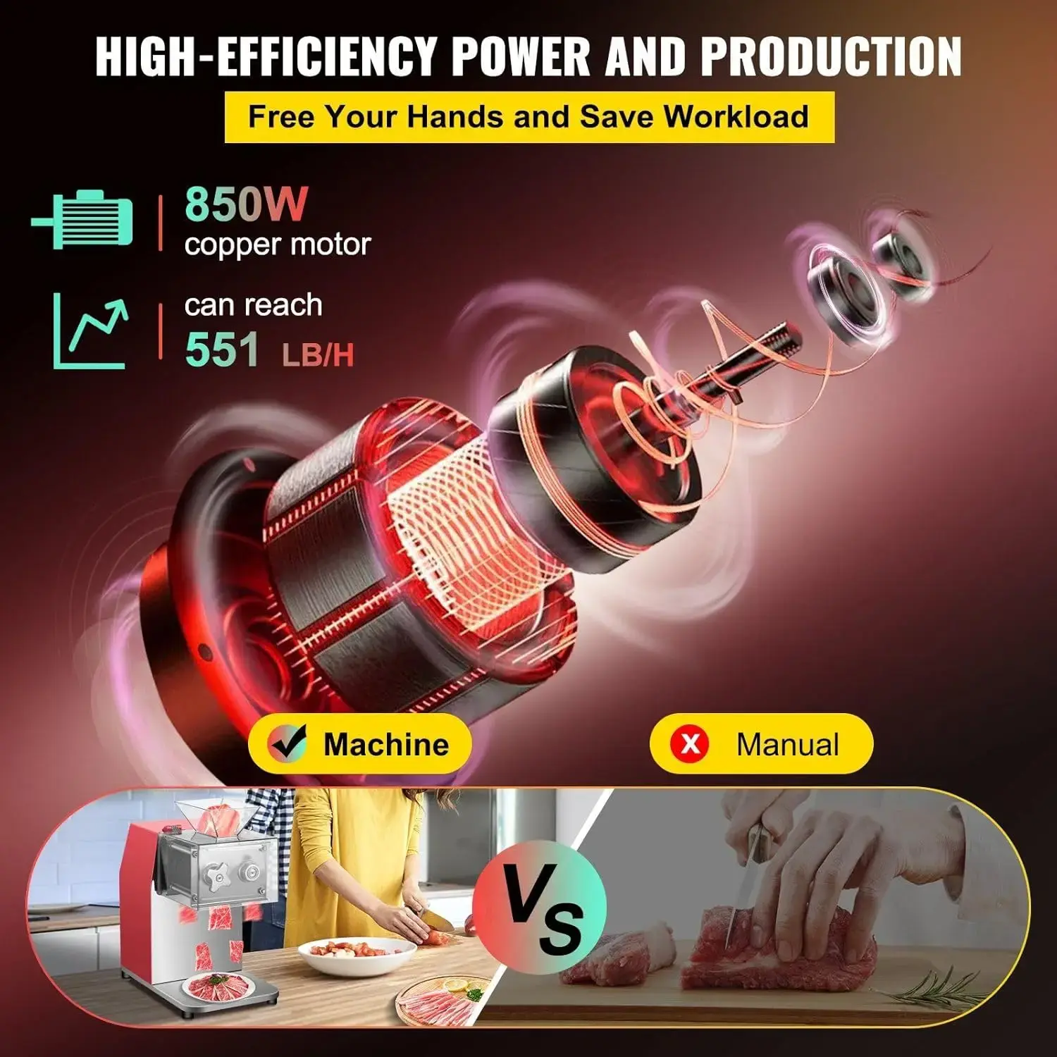 Commercial Meat Cutting Machine, 551 Lbs/H 850W Meat Shredding Machine, 3.5mm Blade Electric Meat Cutter, Red
