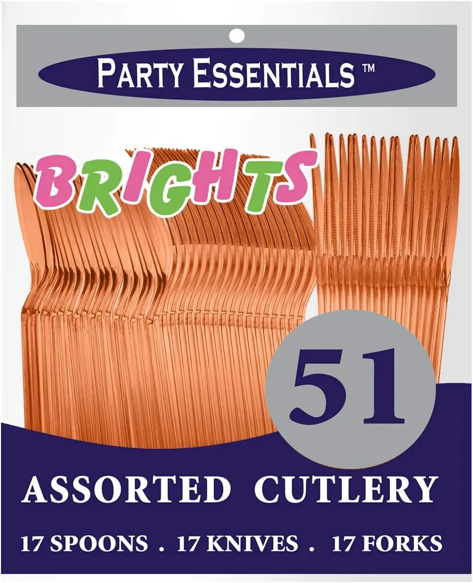 Hard Plastic Cutlery Combo Pack, 51 Pieces/17 Place Settings, Neon Orange